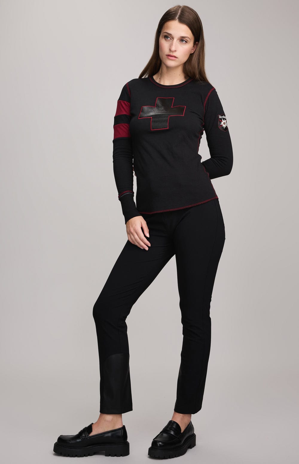 Helvetica Shirt by Alp N Rock, Women's Black Long Sleeve Shirt with Red Stitching and Cross on Chest