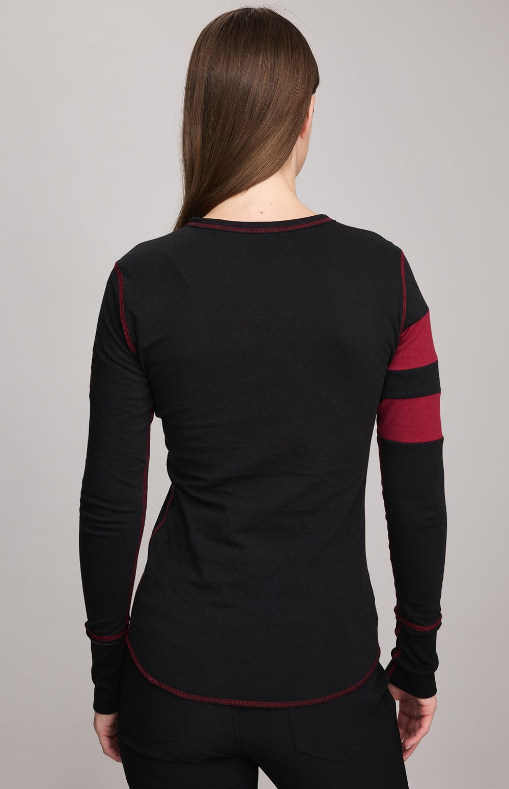 Helvetica Shirt by Alp N Rock, Women's Black Long Sleeve Shirt with Red Stitching and Cross on Chest