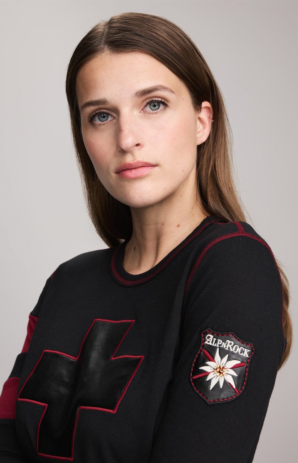 Helvetica Shirt by Alp N Rock, Women's Black Long Sleeve Shirt with Red Stitching and Cross on Chest