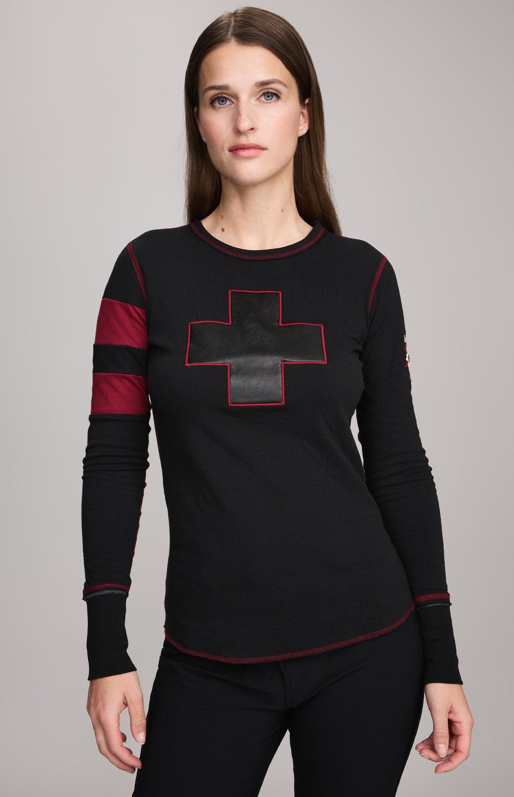 Helvetica Shirt by Alp N Rock, Women's Black Long Sleeve Shirt with Red Stitching and Cross on Chest