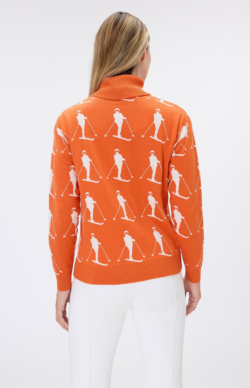 Dani Vintage Ski Sweater by Alp N Rock, Women's Orange Turtleneck Sweater with White Skier Pattern