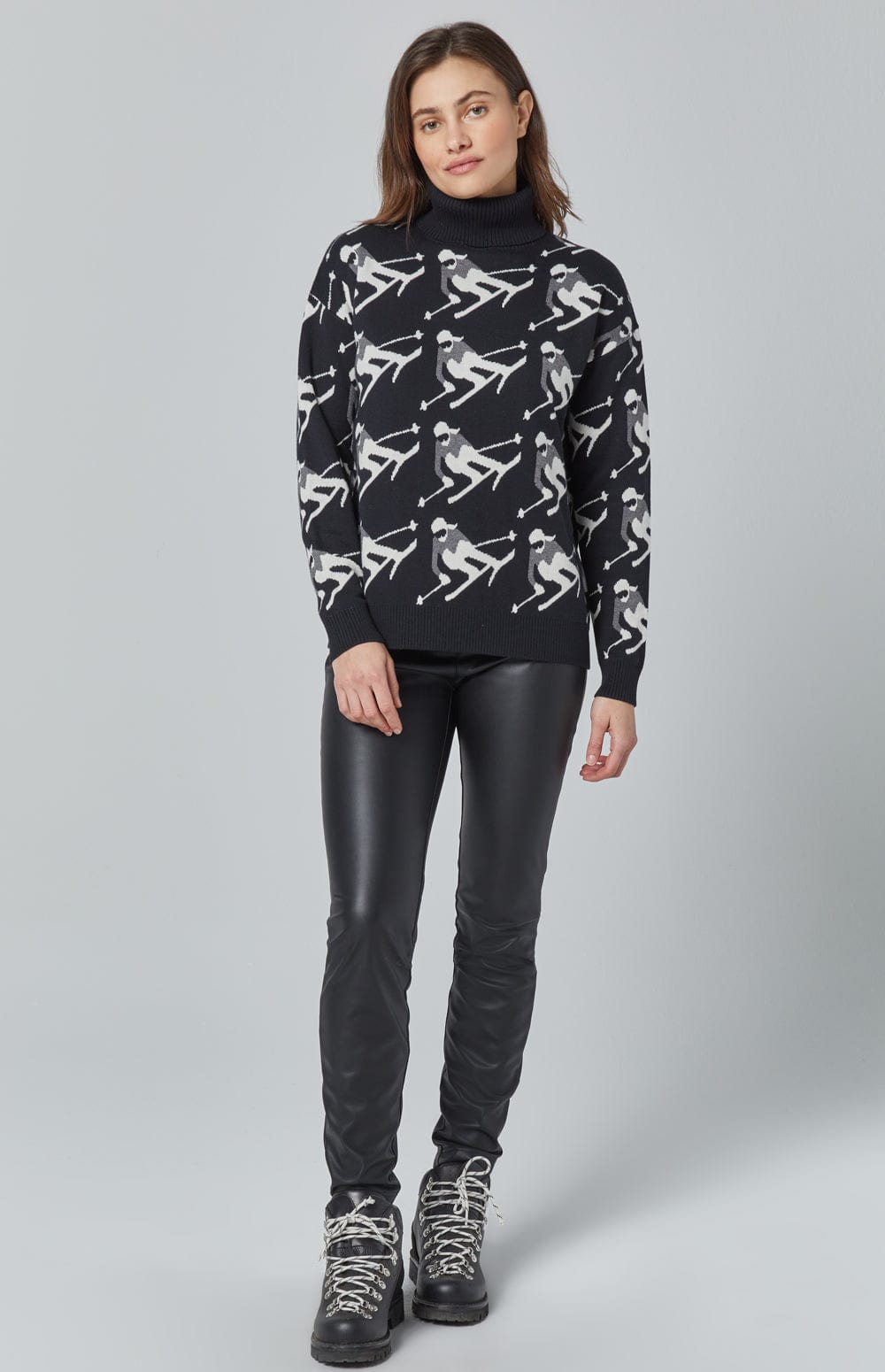 Desi Sweater by Alp N Rock, Women's Black Turtleneck Sweater with White and Grey Skier Pattern