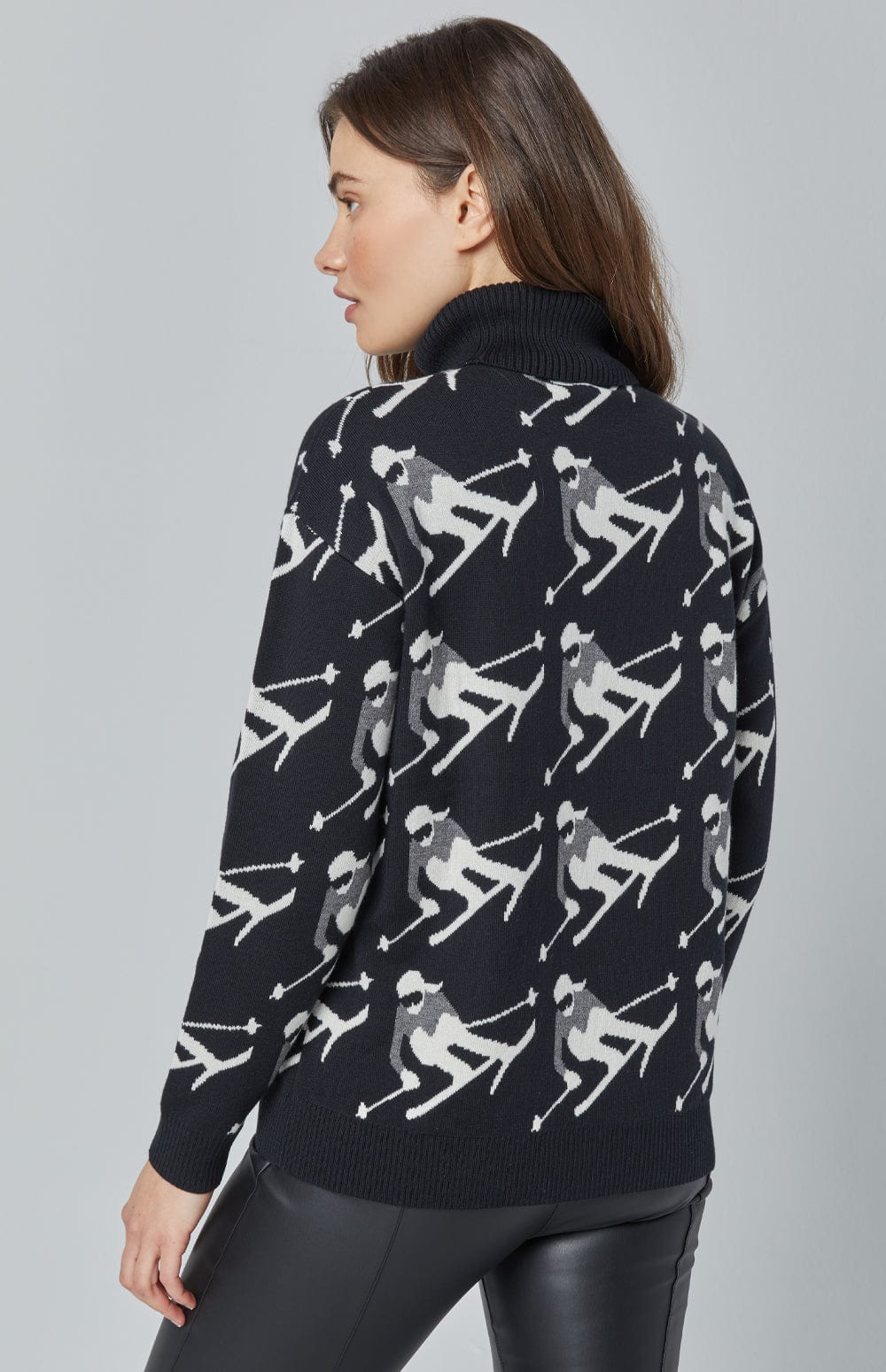 Desi Sweater by Alp N Rock, Women's Black Turtleneck Sweater with White and Grey Skier Pattern