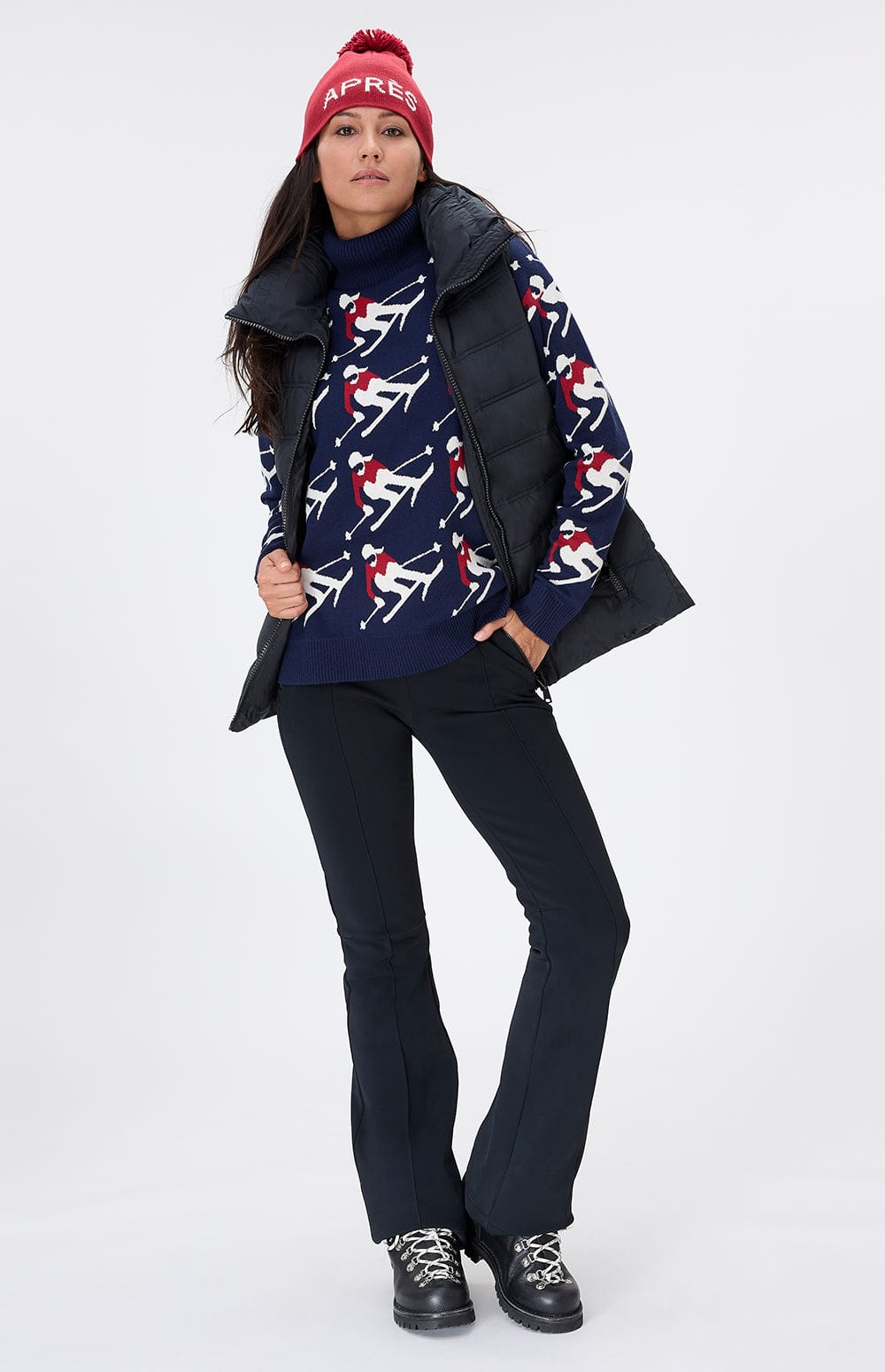 Desi Sweater by Alp N Rock, Women's Navy Turtleneck Sweater with White and Red Skier Pattern