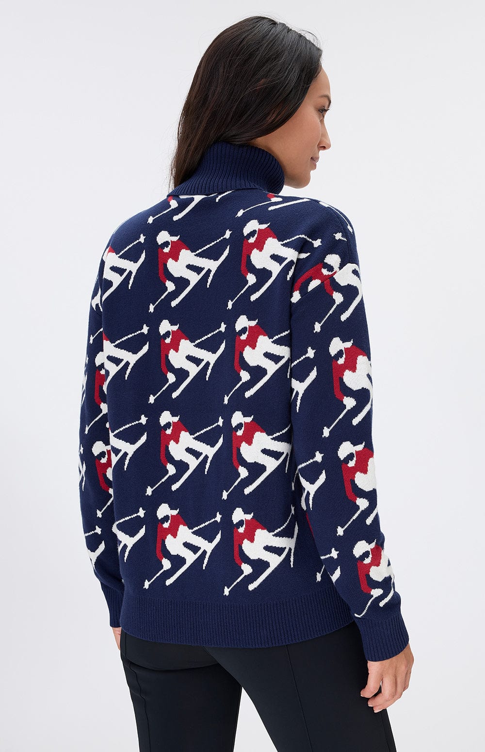 Desi Sweater by Alp N Rock, Women's Navy Turtleneck Sweater with White and Red Skier Pattern