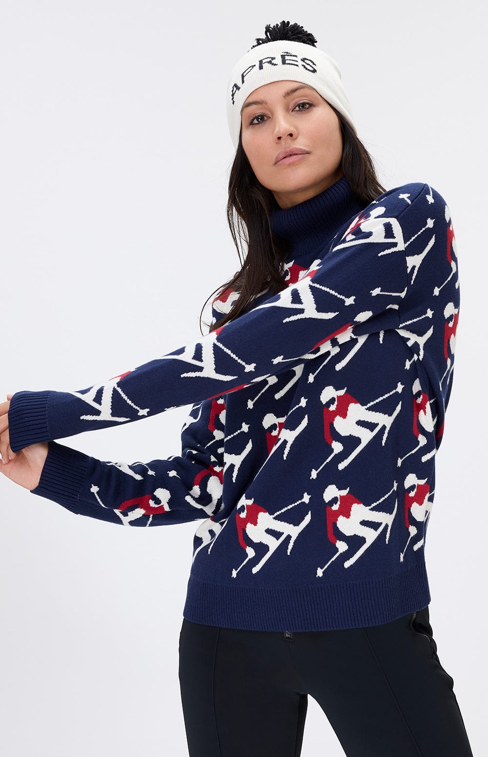 Desi Sweater by Alp N Rock, Women's Navy Turtleneck Sweater with White and Red Skier Pattern