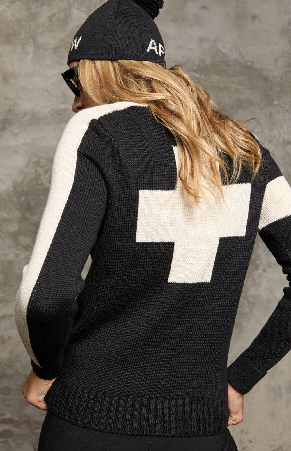 Killian II Sweater by Alp N Rock, Women's Black Turtleneck Sweater with Ivory Stripes On the Arm and Ivory Cross on Back