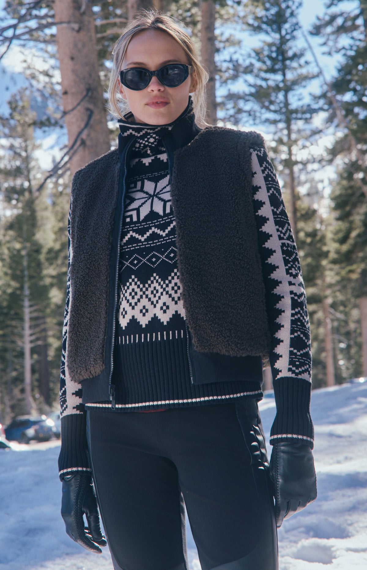 Alp N Rock Atlas Vest, black quilted and dark brown shearling reversible zip vest for women