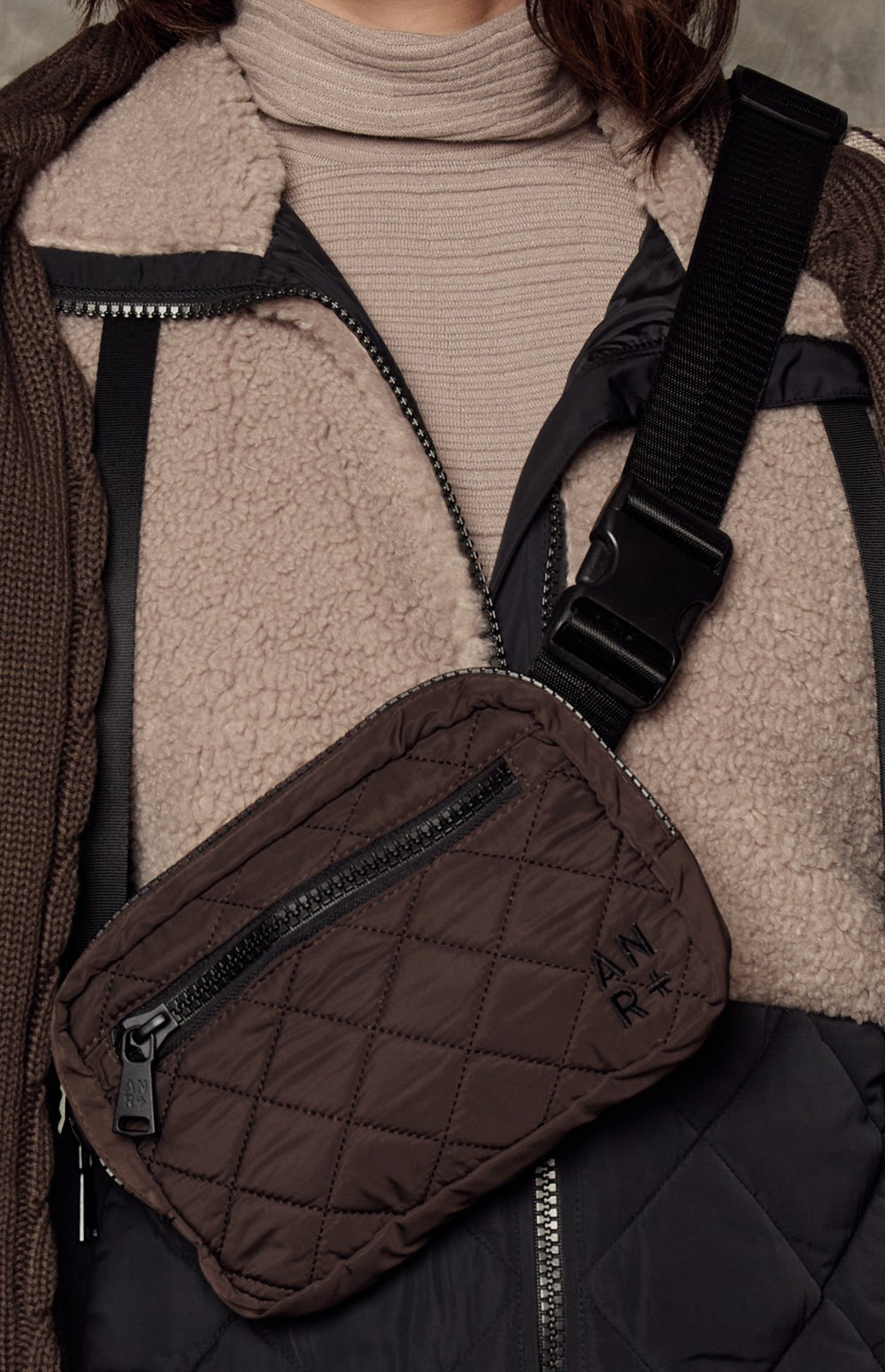 Alp N Rock City Belt Bag, dark brown quilted belt bag for women with multiple zip pockets