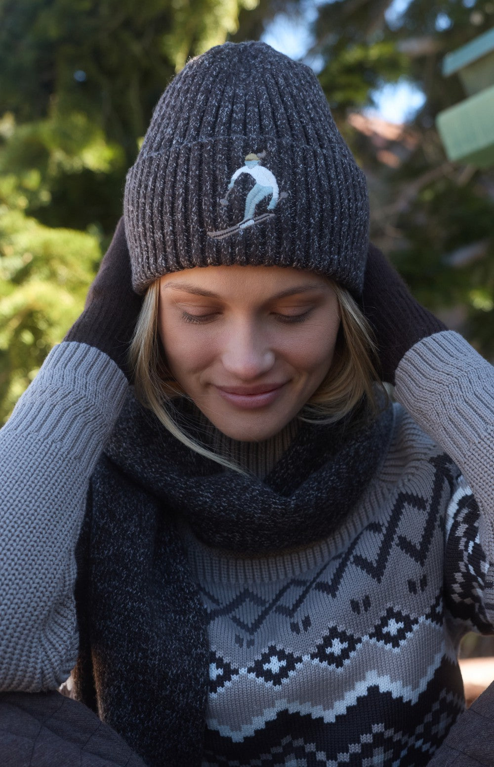 Alp N Rock Embroidered Skier Beanie, dark brown ribbed beanie for women with embroidered skier on front