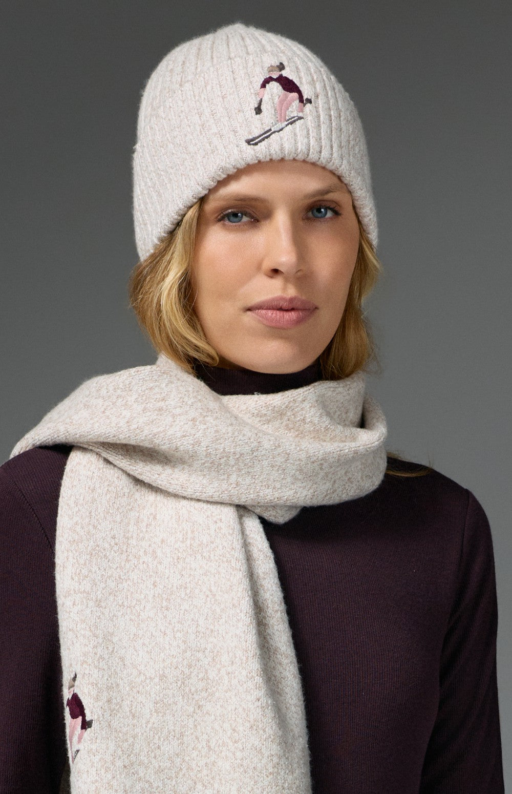Alp N Rock Embroidered Skier Beanie, white ribbed beanie for women with embroidered skier on front