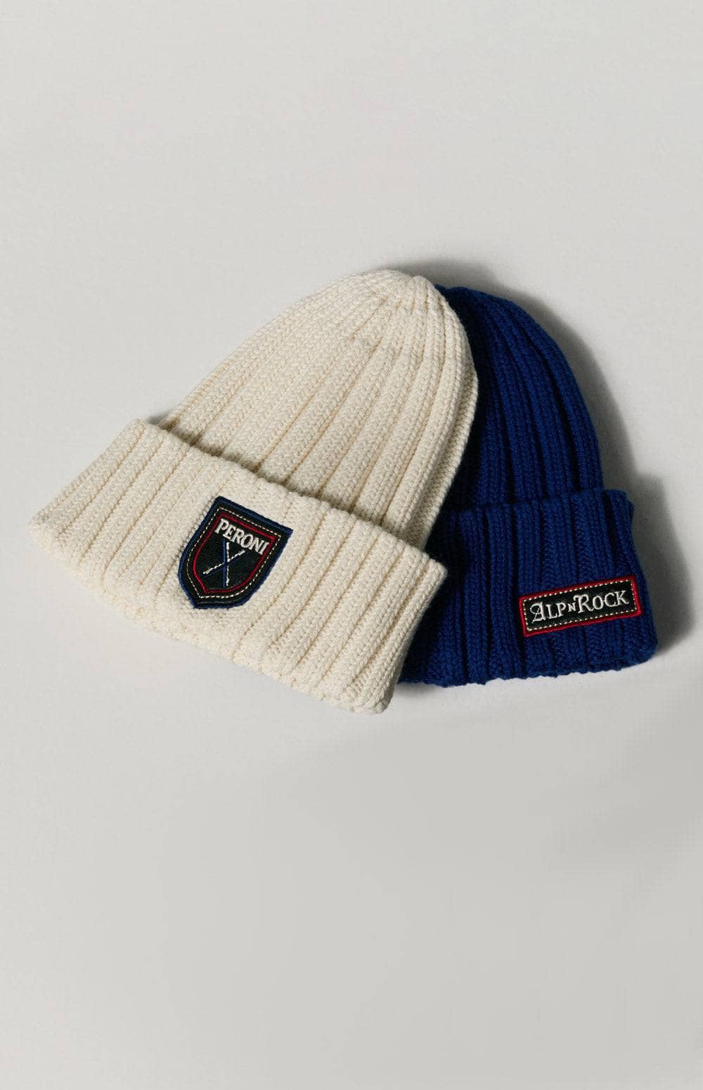 Peroni X Alp N Rock Beanie, Unisex Ivory and Blue Beanie with Faux Leather Patch on Front