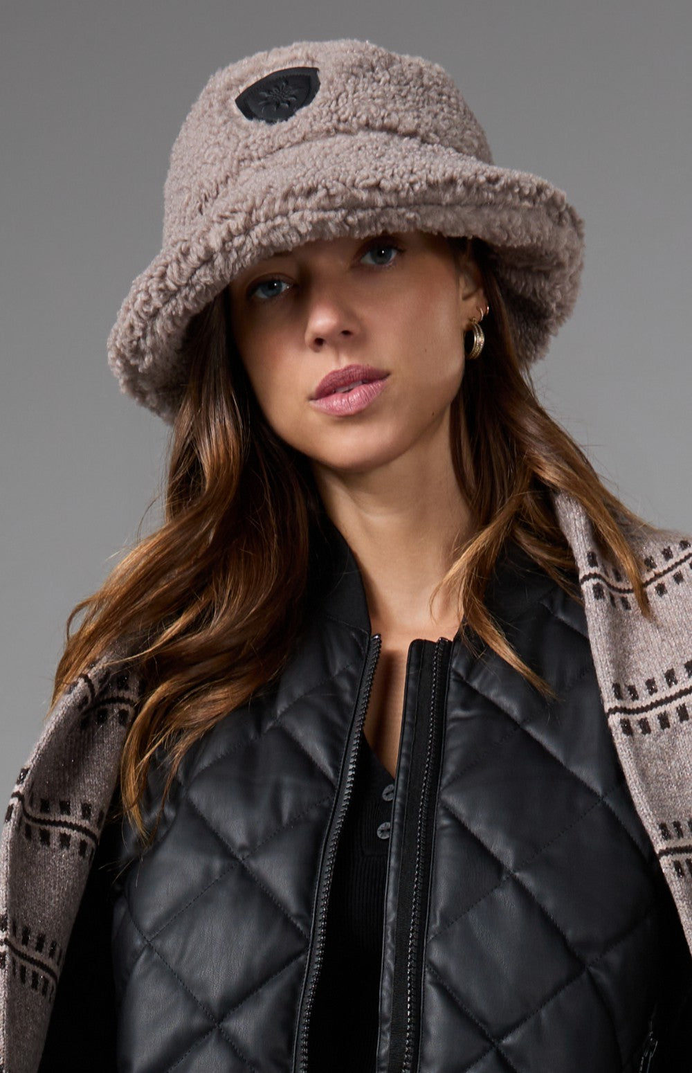 Alp N Rock Shearling Bucket Hat, taupe shearling bucket hat for women