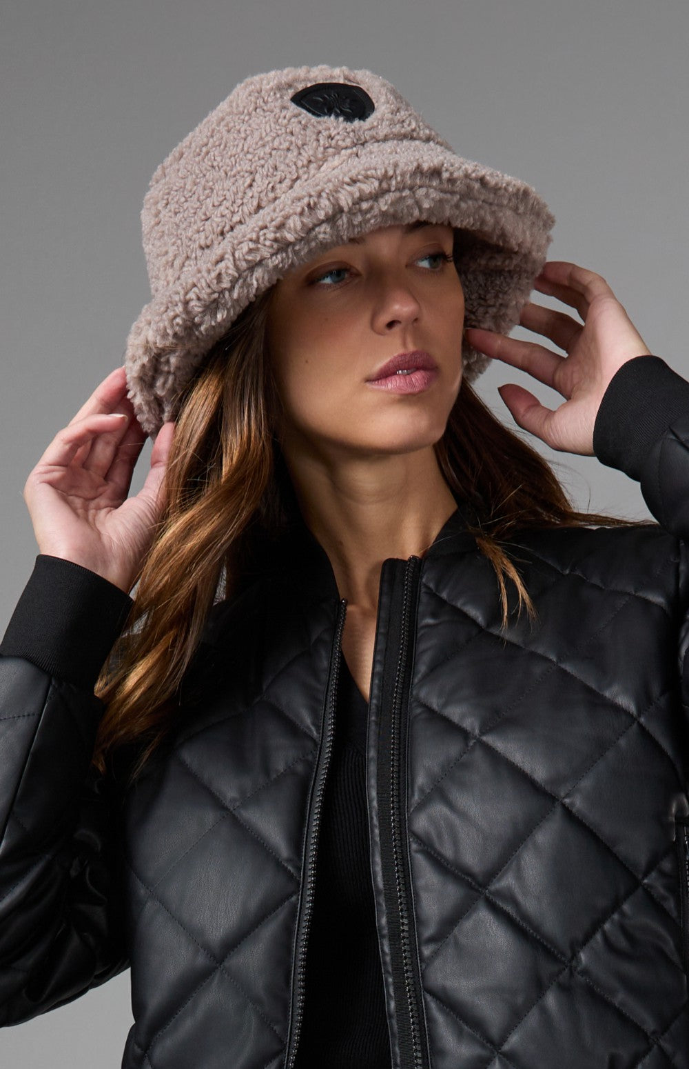 Alp N Rock Shearling Bucket Hat, taupe shearling bucket hat for women