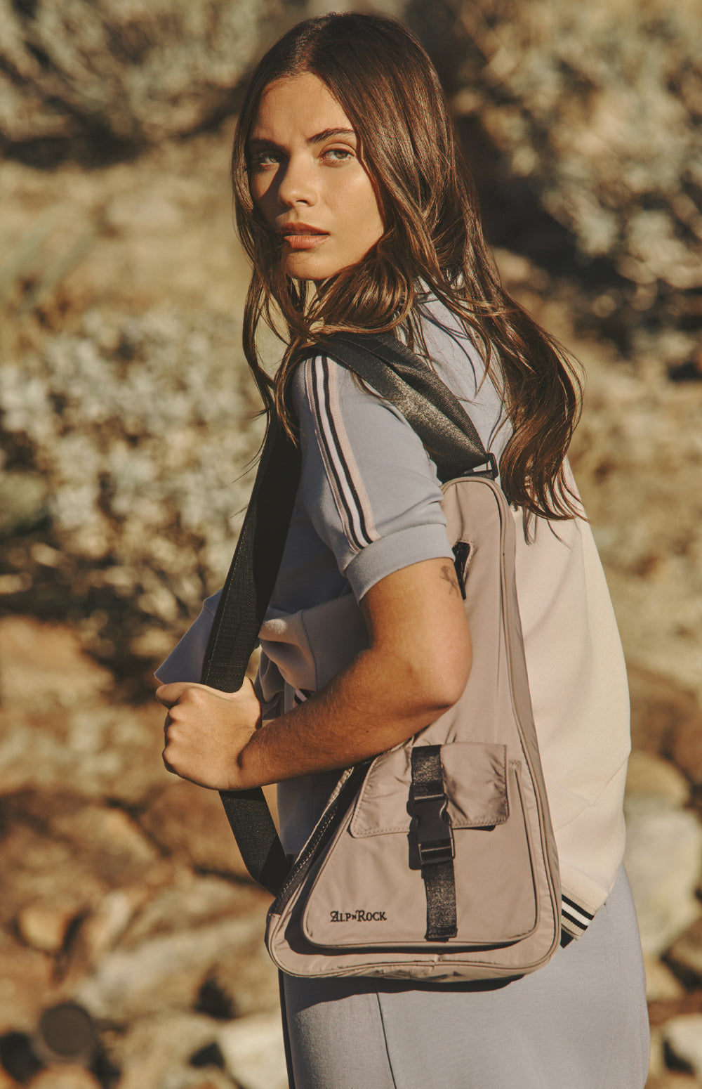 Alp N Rock Sport Sling Bag, beige cross body sport bag with zipper pockets