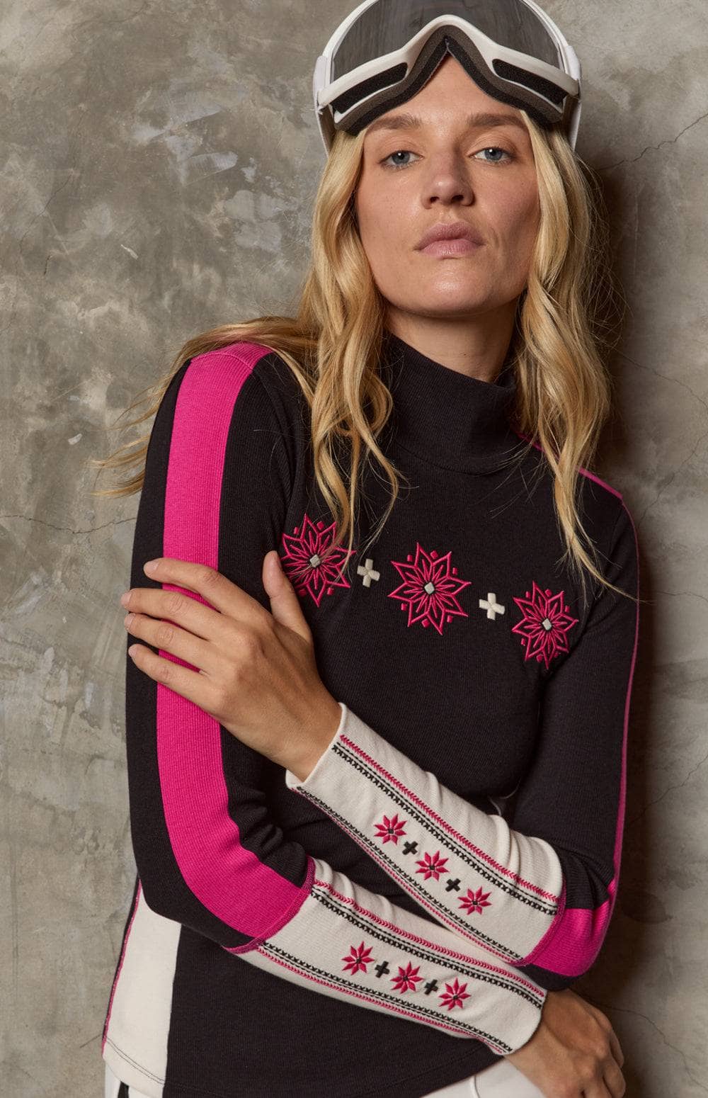 Allison Mockneck by Alp N Rock, Women's Black and Pink Mock Neck Ski Shirt with Embroidered Snowflakes on the Chest and Sleeves