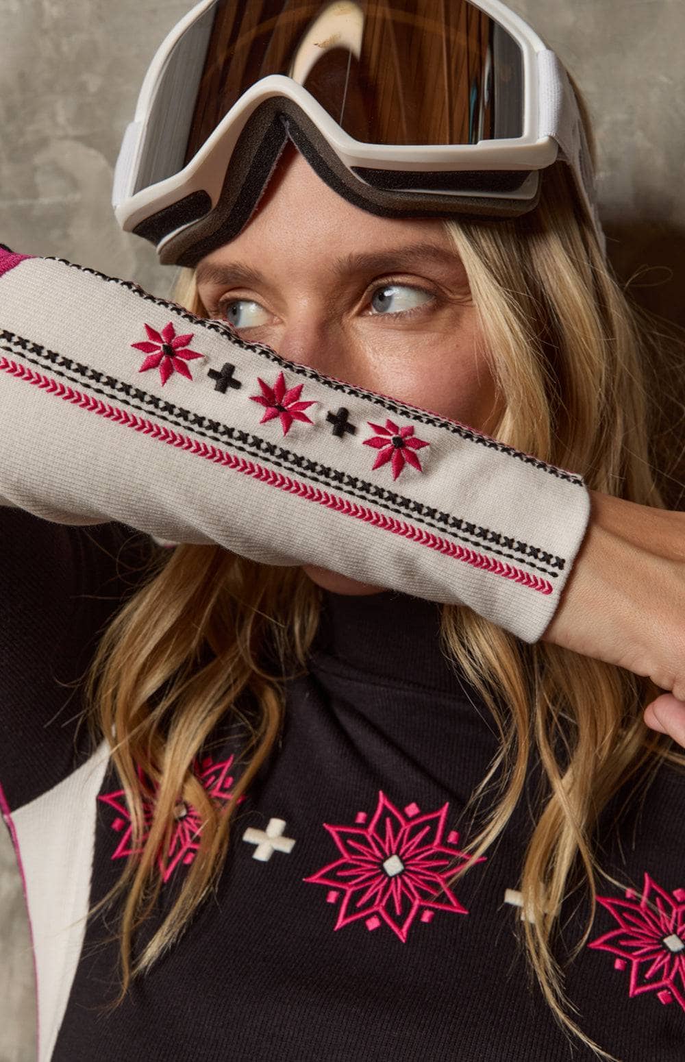 Allison Mockneck by Alp N Rock, Women's Black and Pink Mock Neck Ski Shirt with Embroidered Snowflakes on the Chest and Sleeves