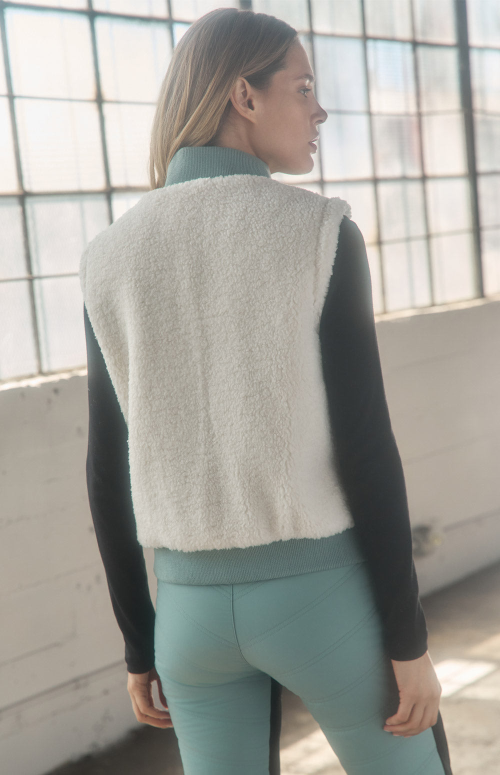 Alp N Rock Atlas Vest, silver quilting and ivory shearling reversible zip vest for women