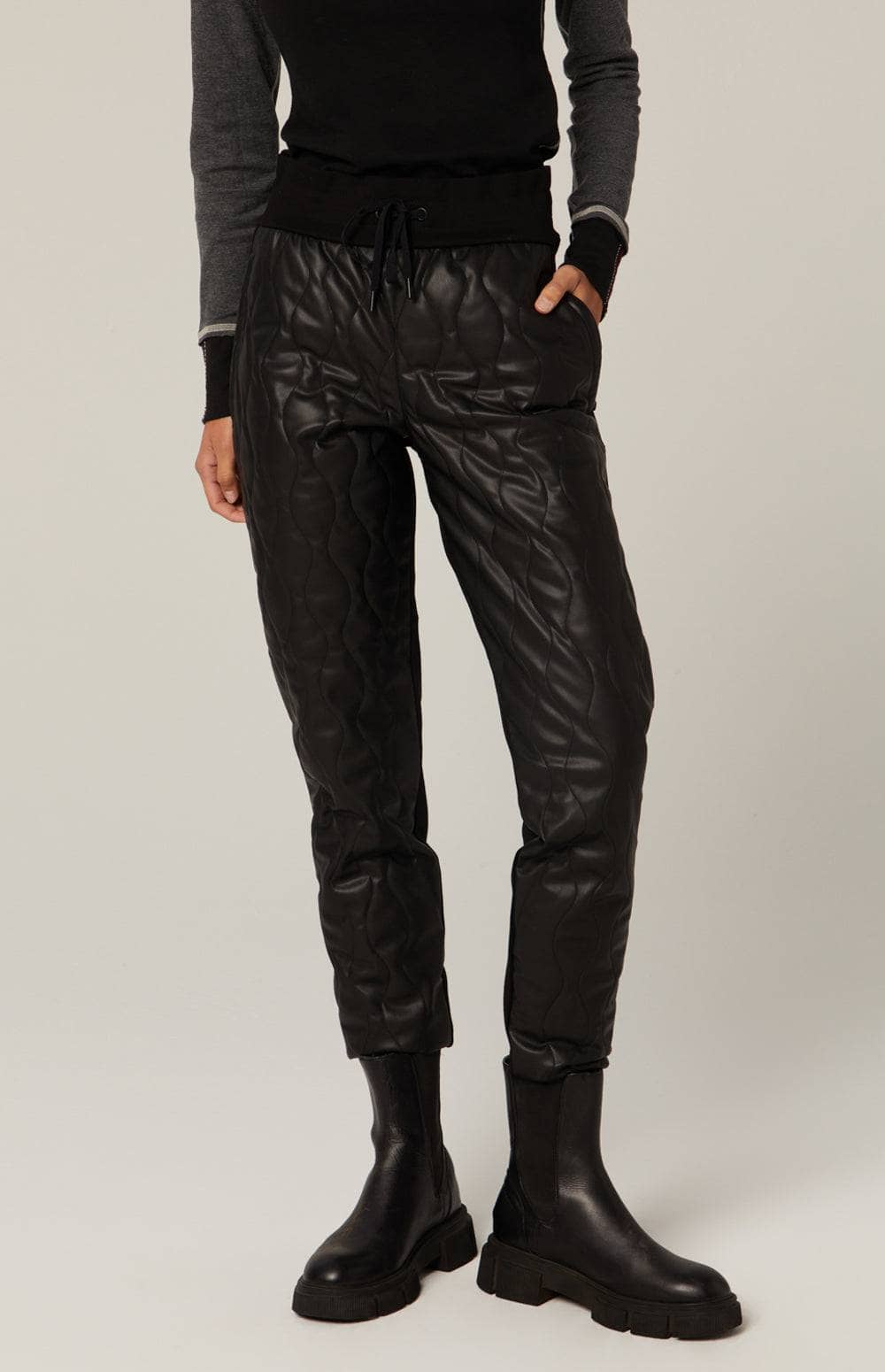 Finley Quilted Jogger by Alp N Rock, Women's Faux Leather Black Pants with Drawstring Waist and Pockets