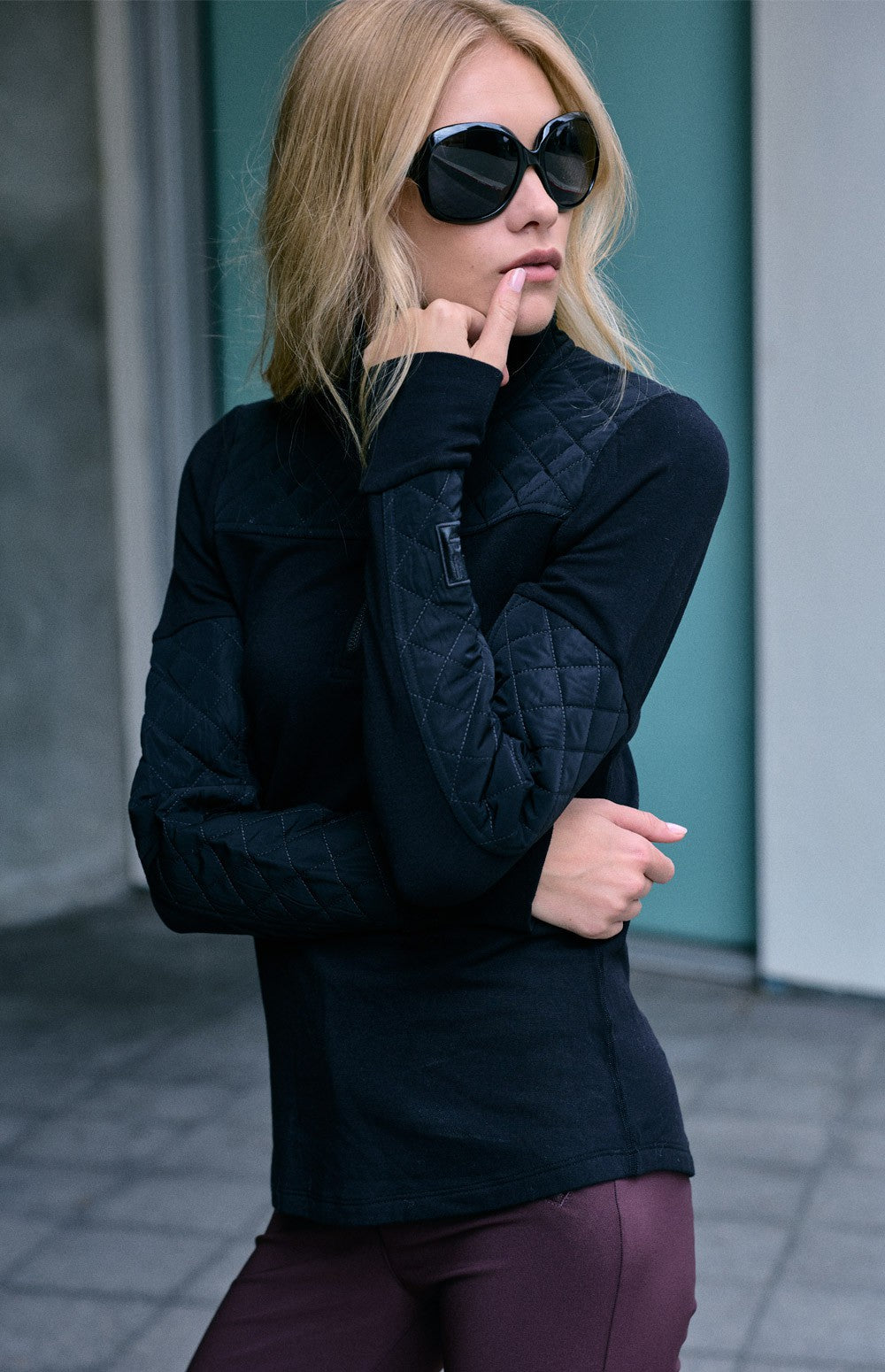 Alp N Rock Cody Quilted Zip Mock Neck, black half zip longsleeve shirt for women