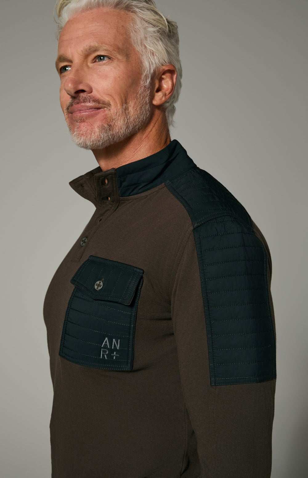 Alp N Rock Mattias Shirt, men's brown longsleeve shirt with button neckline and black chest pocket