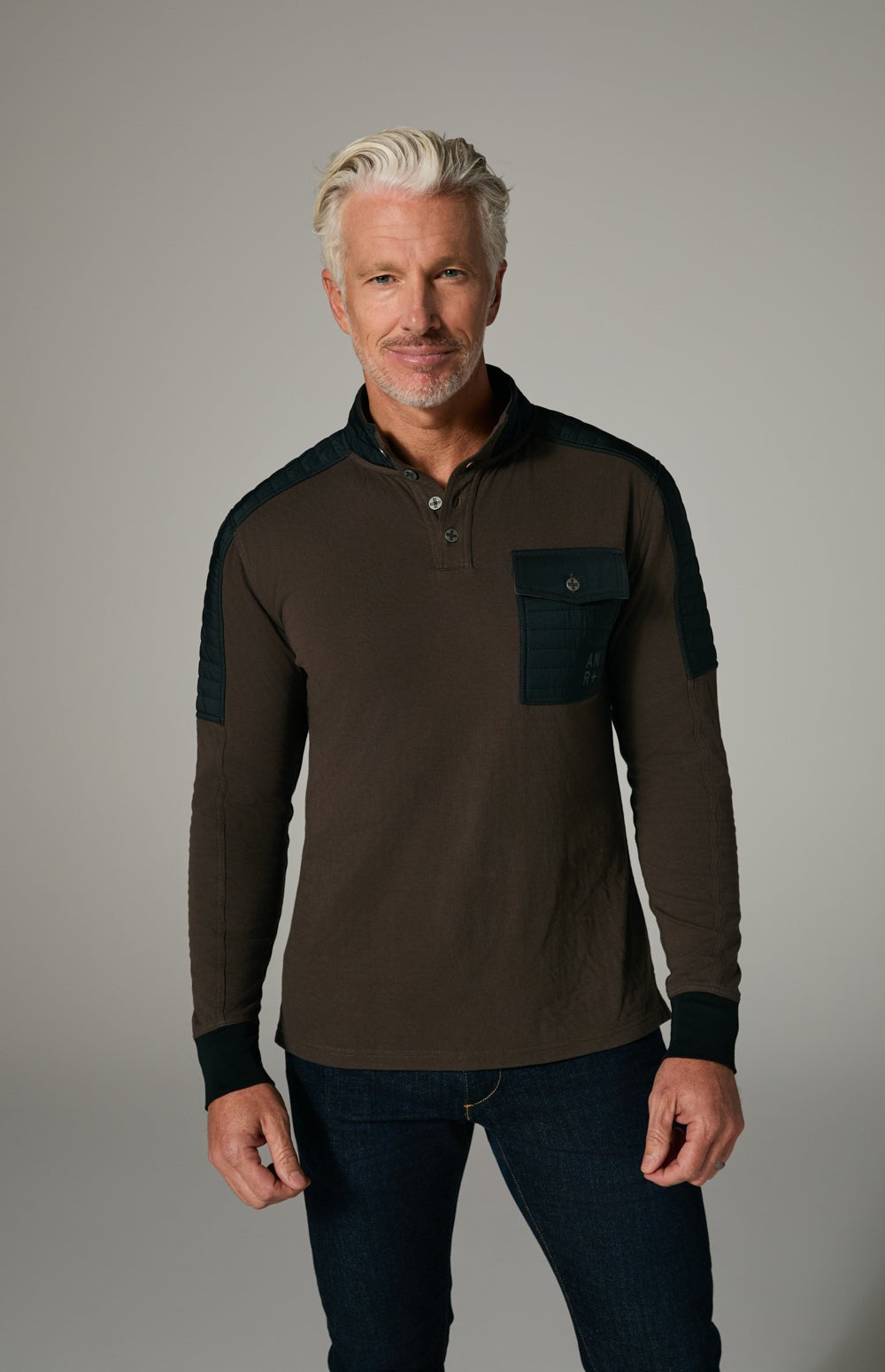 Alp N Rock Mattias Shirt, men's brown longsleeve shirt with button neckline and black chest pocket