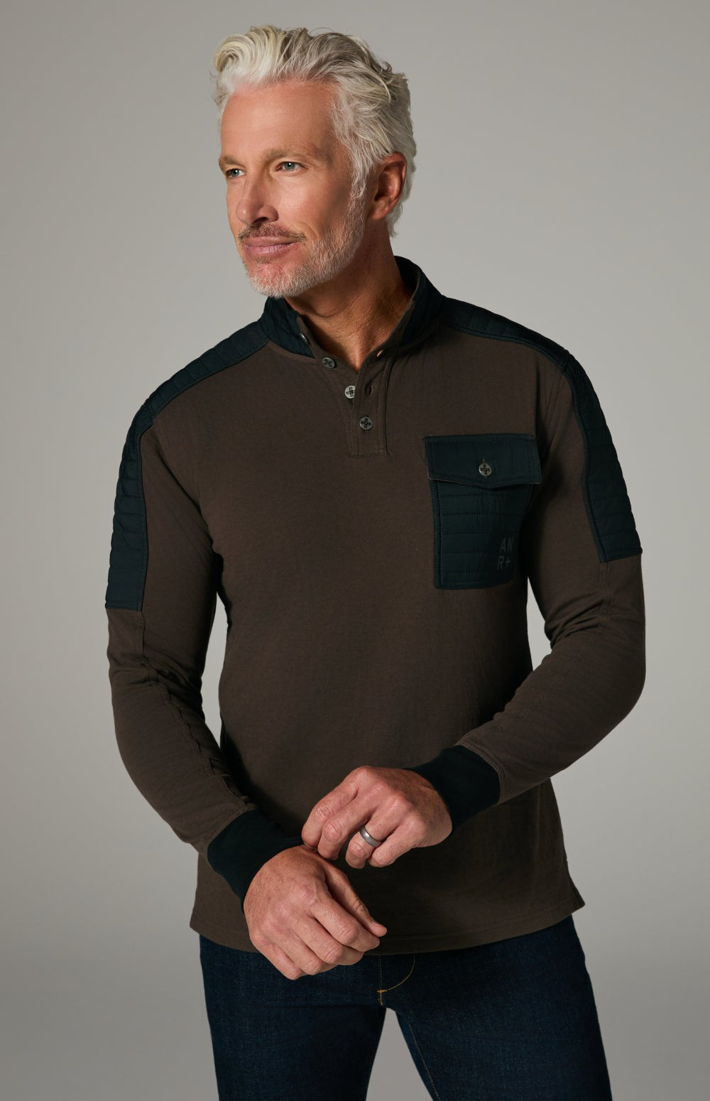 Alp N Rock Mattias Shirt, men's brown longsleeve shirt with button neckline and black chest pocket