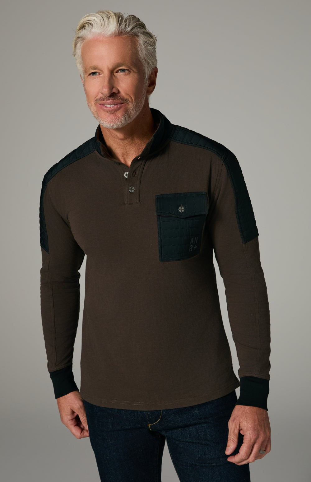 Alp N Rock Mattias Shirt, men's brown longsleeve shirt with button neckline and black chest pocket