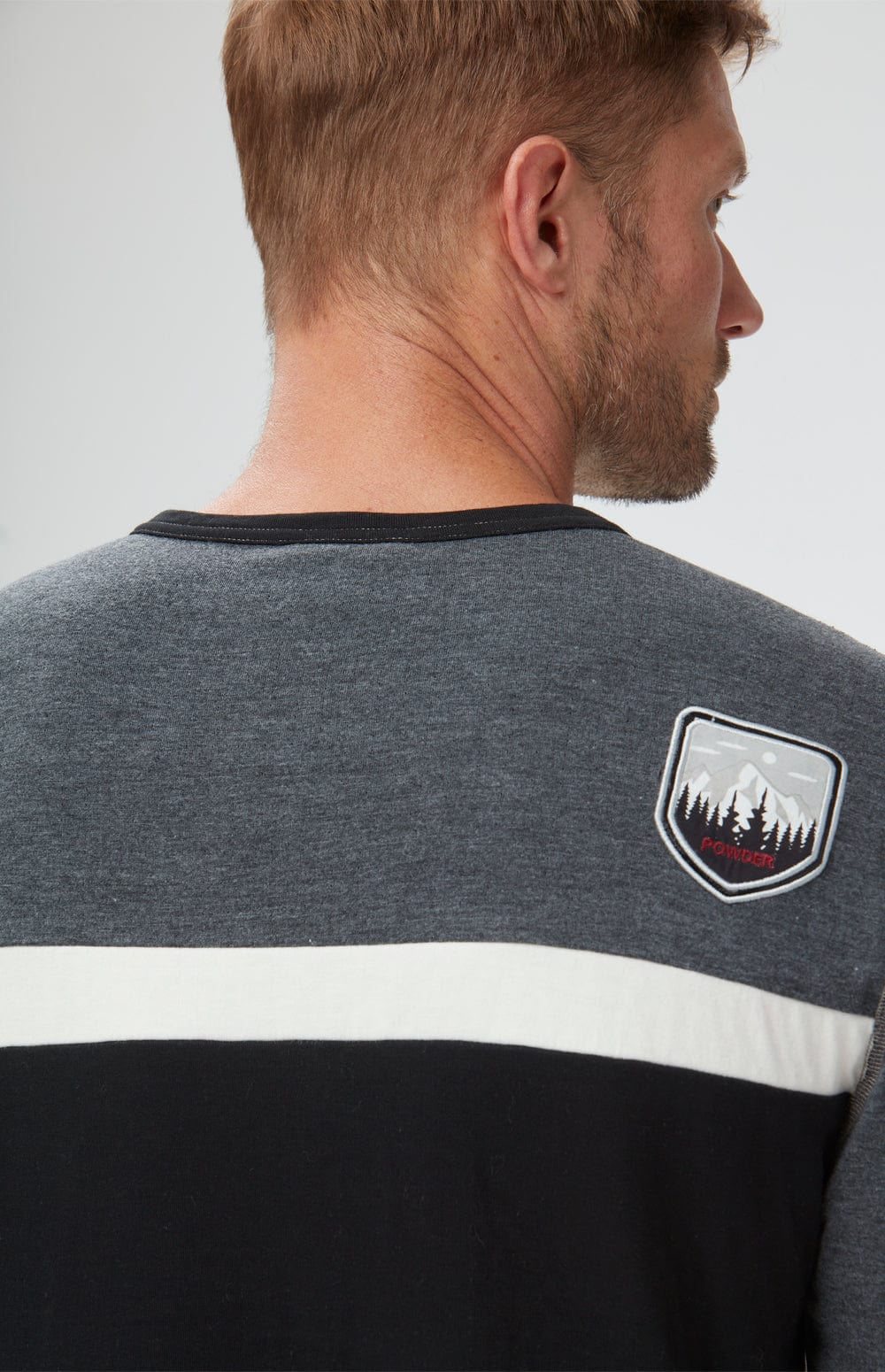 Downhill Ski Men's Crew by Alp N Rock, Men's Black Long Sleeve Crew with Grey Chest, White Arm Stripes, and Ski Patches