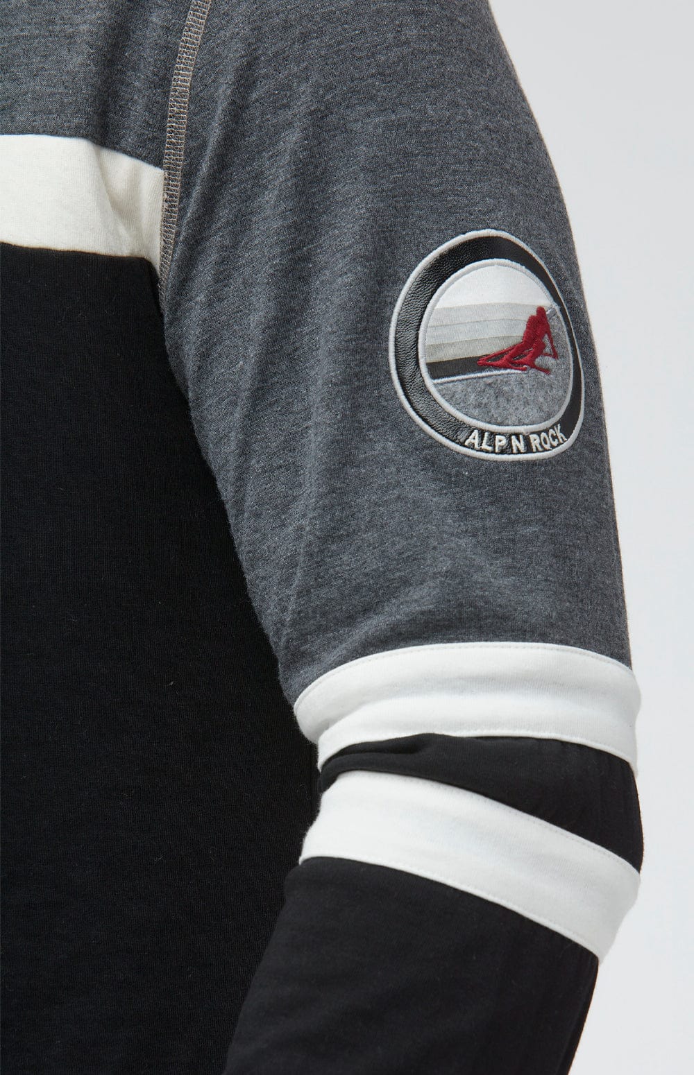 Downhill Ski Men's Crew by Alp N Rock, Men's Black Long Sleeve Crew with Grey Chest, White Arm Stripes, and Ski Patches