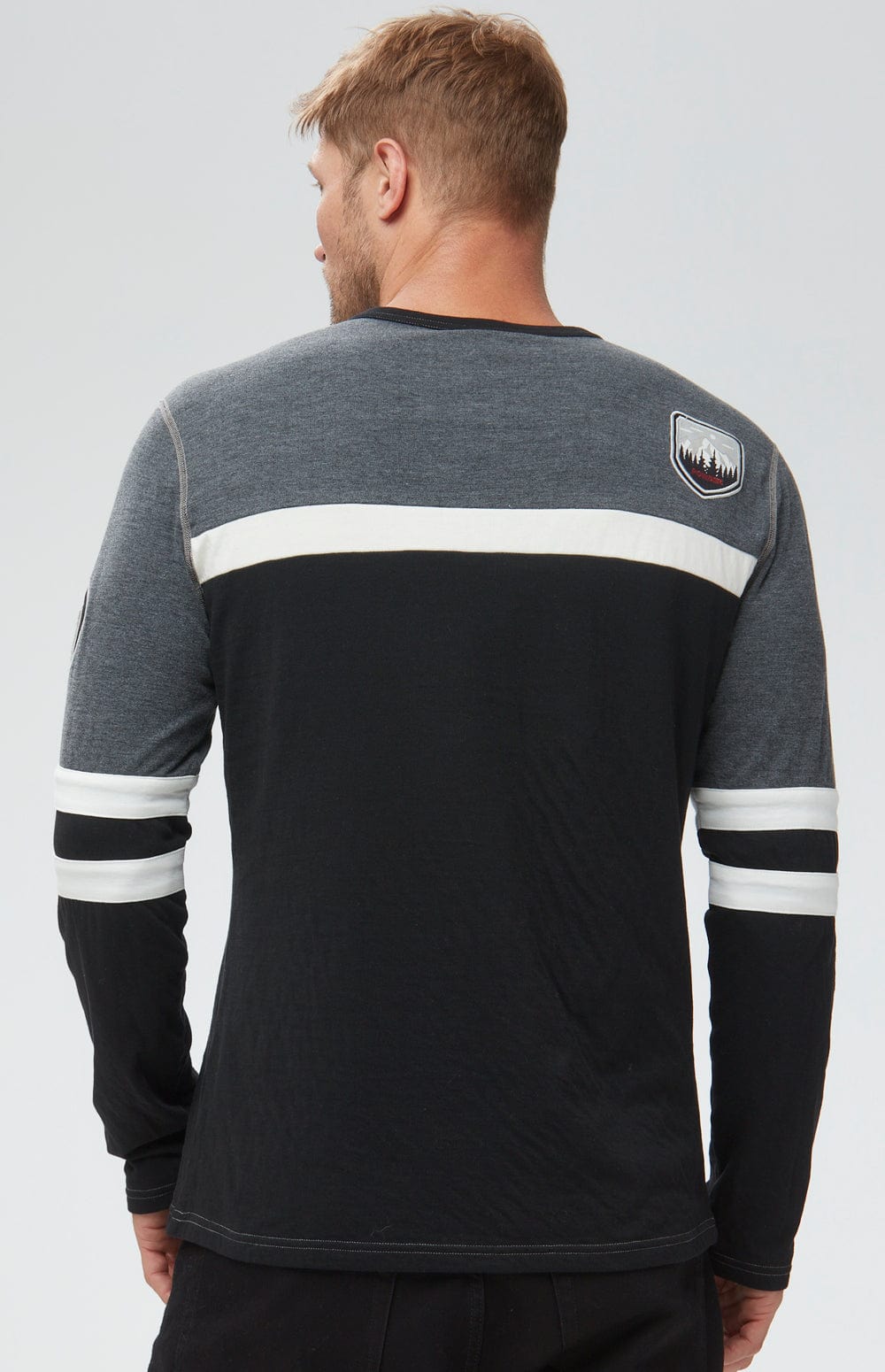 Downhill Ski Men's Crew by Alp N Rock, Men's Black Long Sleeve Crew with Grey Chest, White Arm Stripes, and Ski Patches