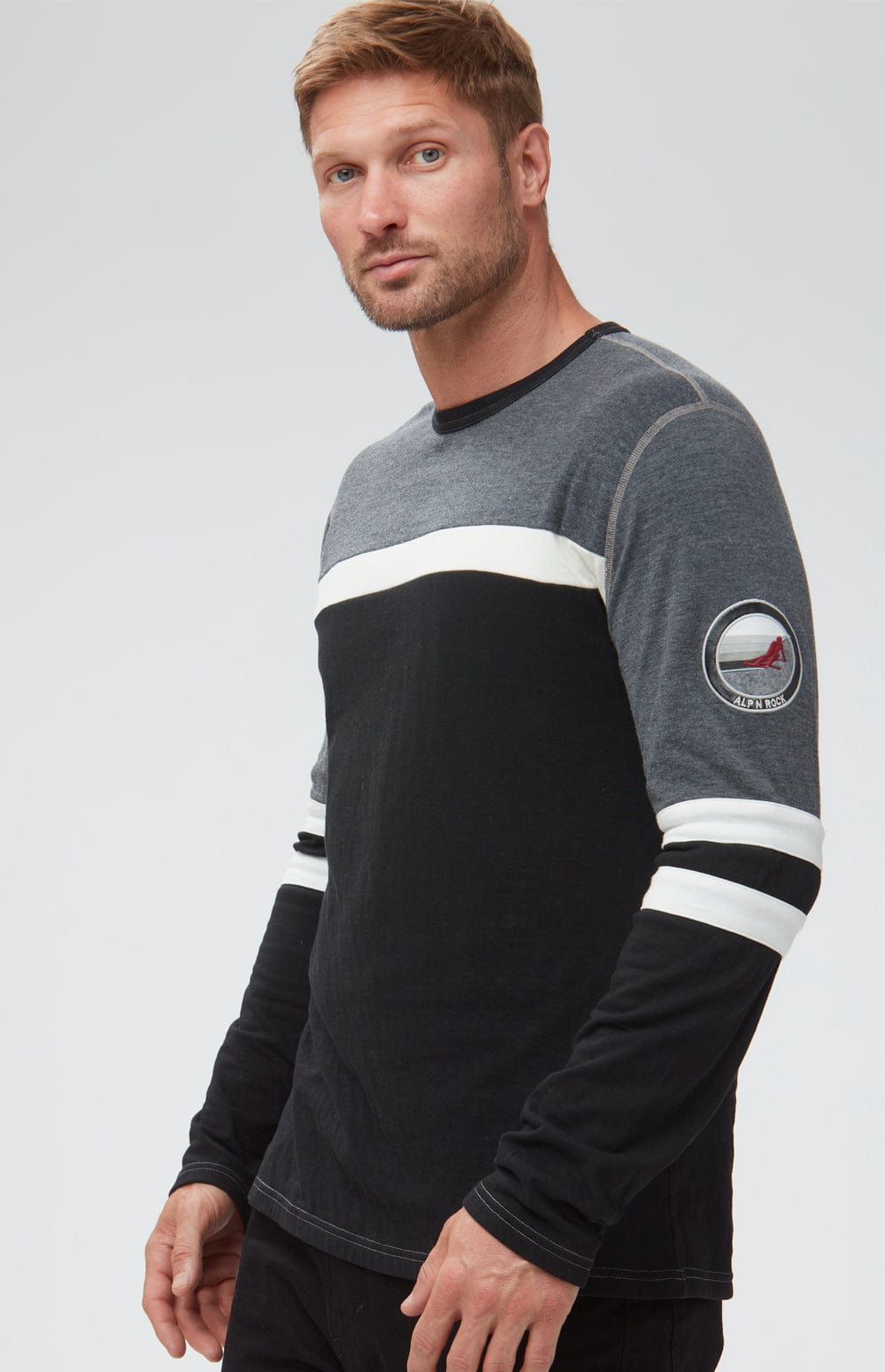 Downhill Ski Men's Crew by Alp N Rock, Men's Black Long Sleeve Crew with Grey Chest, White Arm Stripes, and Ski Patches