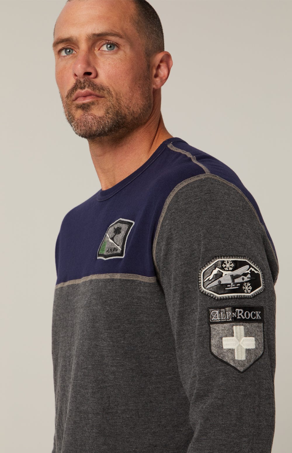 Flight Men's Crew by Alp N Rock, Men's Grey Shirt with Navy Chest and Patches on Arm, Chest, and Back