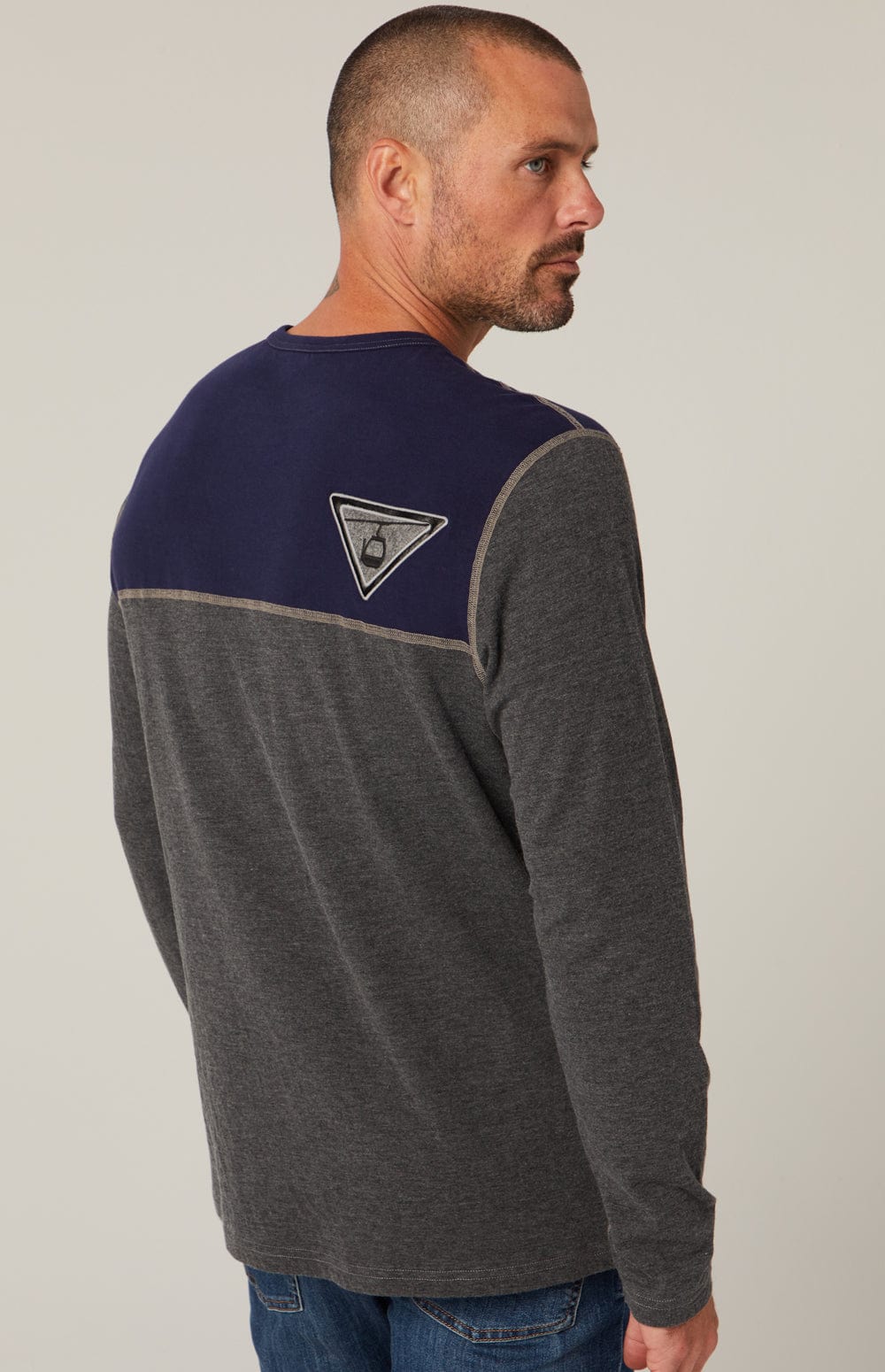 Flight Men's Crew by Alp N Rock, Men's Grey Shirt with Navy Chest and Patches on Arm, Chest, and Back