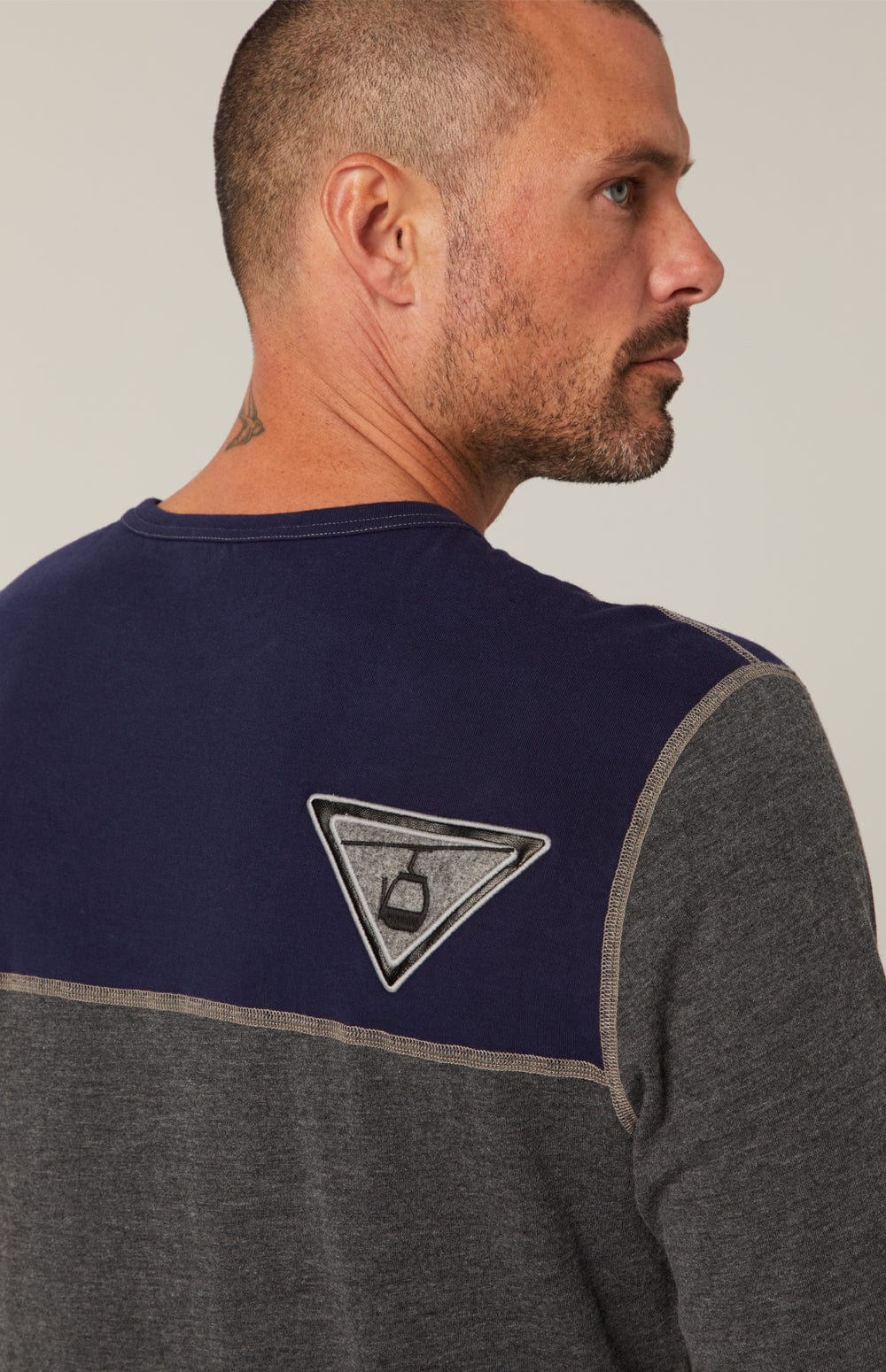Flight Men's Crew by Alp N Rock, Men's Grey Shirt with Navy Chest and Patches on Arm, Chest, and Back