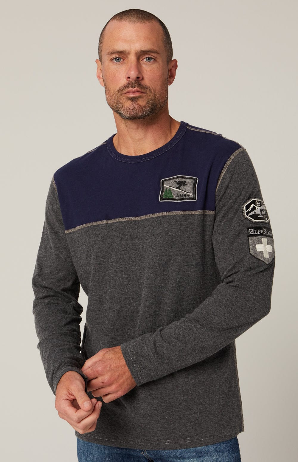 Flight Men's Crew by Alp N Rock, Men's Grey Shirt with Navy Chest and Patches on Arm, Chest, and Back