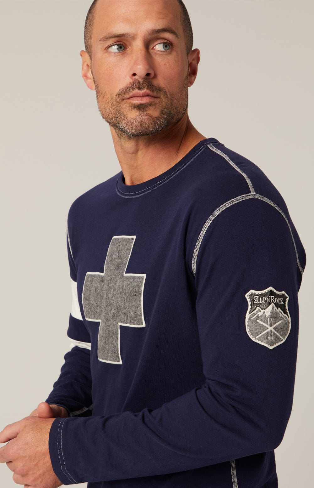 Helvetica Men's Crew by Alp N Rock, Men's Navy Shirt with White Stripes on the Arm and Grey Cross on Chest