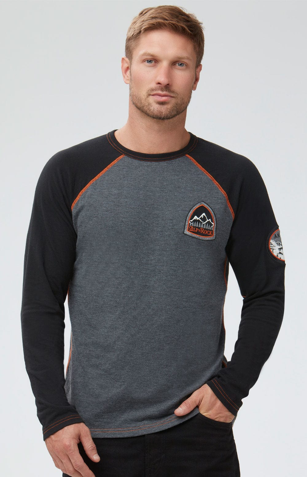Powder Shirt by Alp N Rock, Men's Grey Long Sleeve Crew Neck Shirt with Black Sleeves, Orange Stitching, and Ski Patch