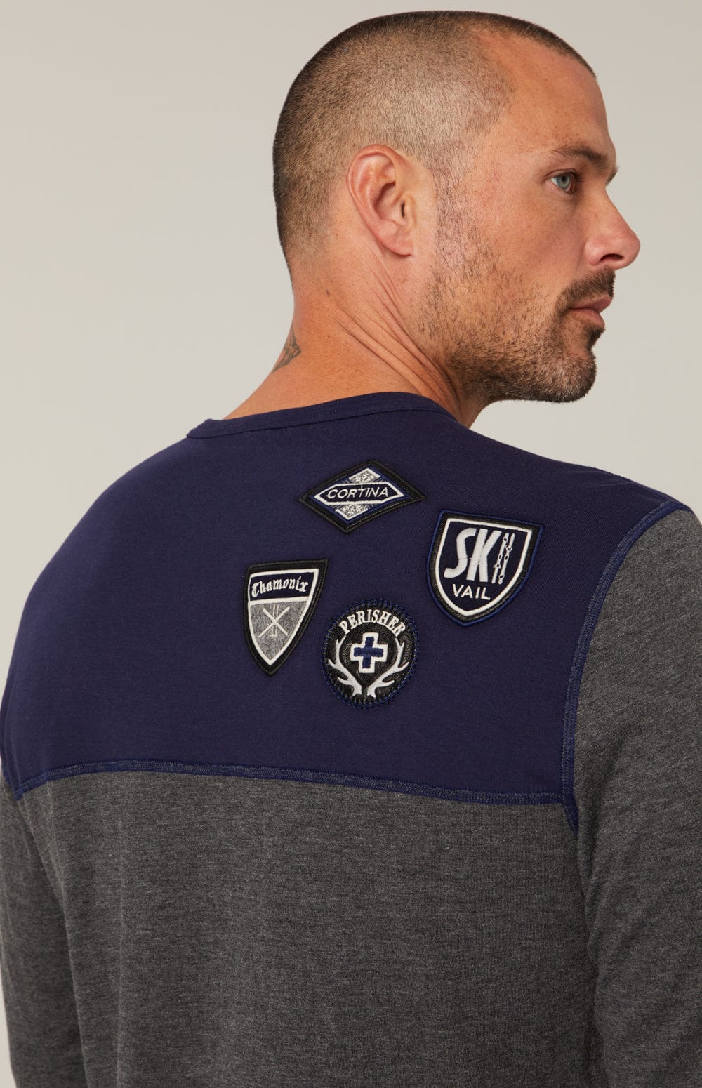 Ski Patch Crew by Alp N Rock, Men's Grey and Blue Ski Shirt with European Ski Resort Patches on Chest, Arm, and Back