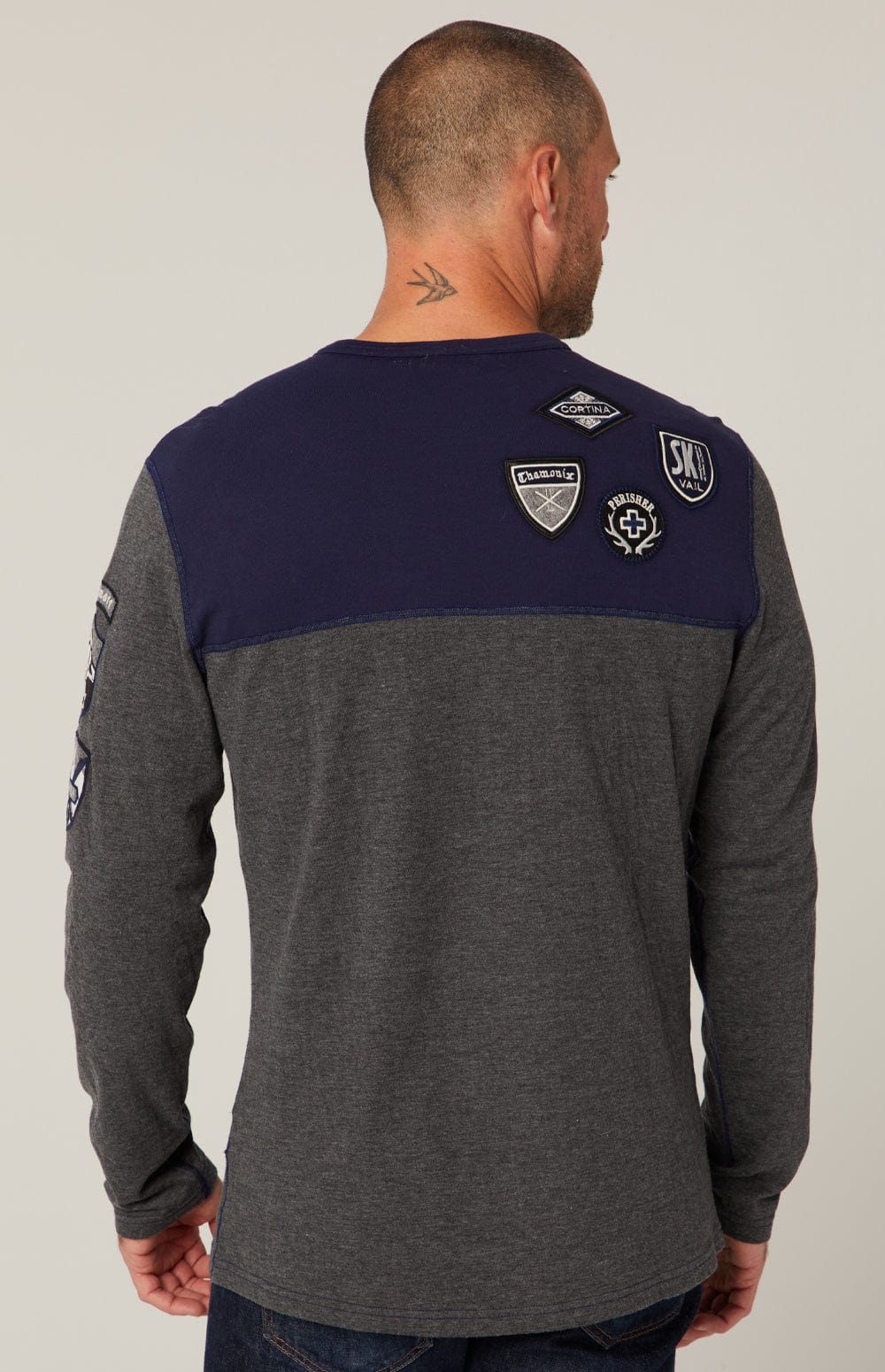 Ski Patch Crew by Alp N Rock, Men's Grey and Blue Ski Shirt with European Ski Resort Patches on Chest, Arm, and Back