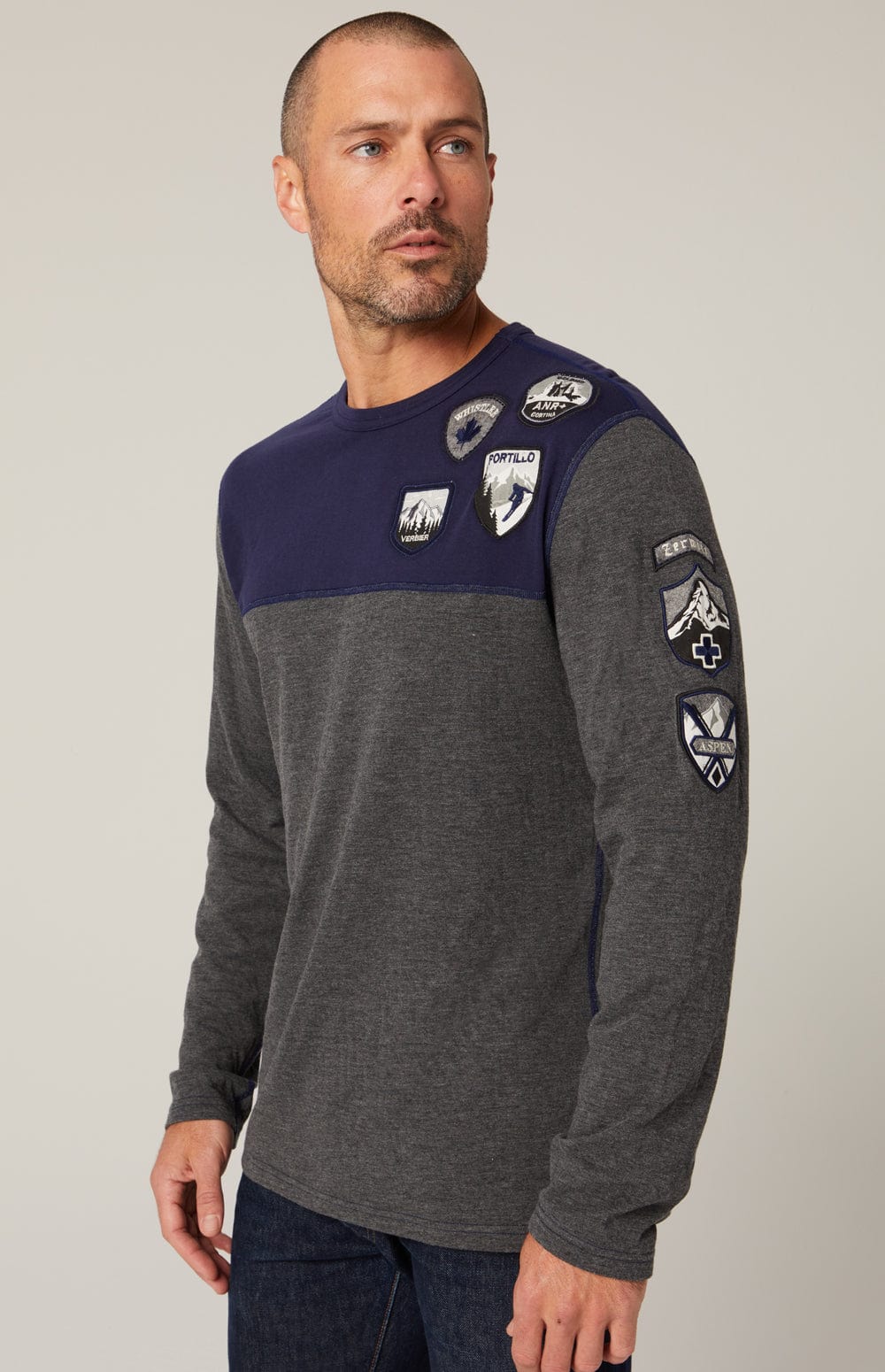 Ski Patch Crew by Alp N Rock, Men's Grey and Blue Ski Shirt with European Ski Resort Patches on Chest, Arm, and Back