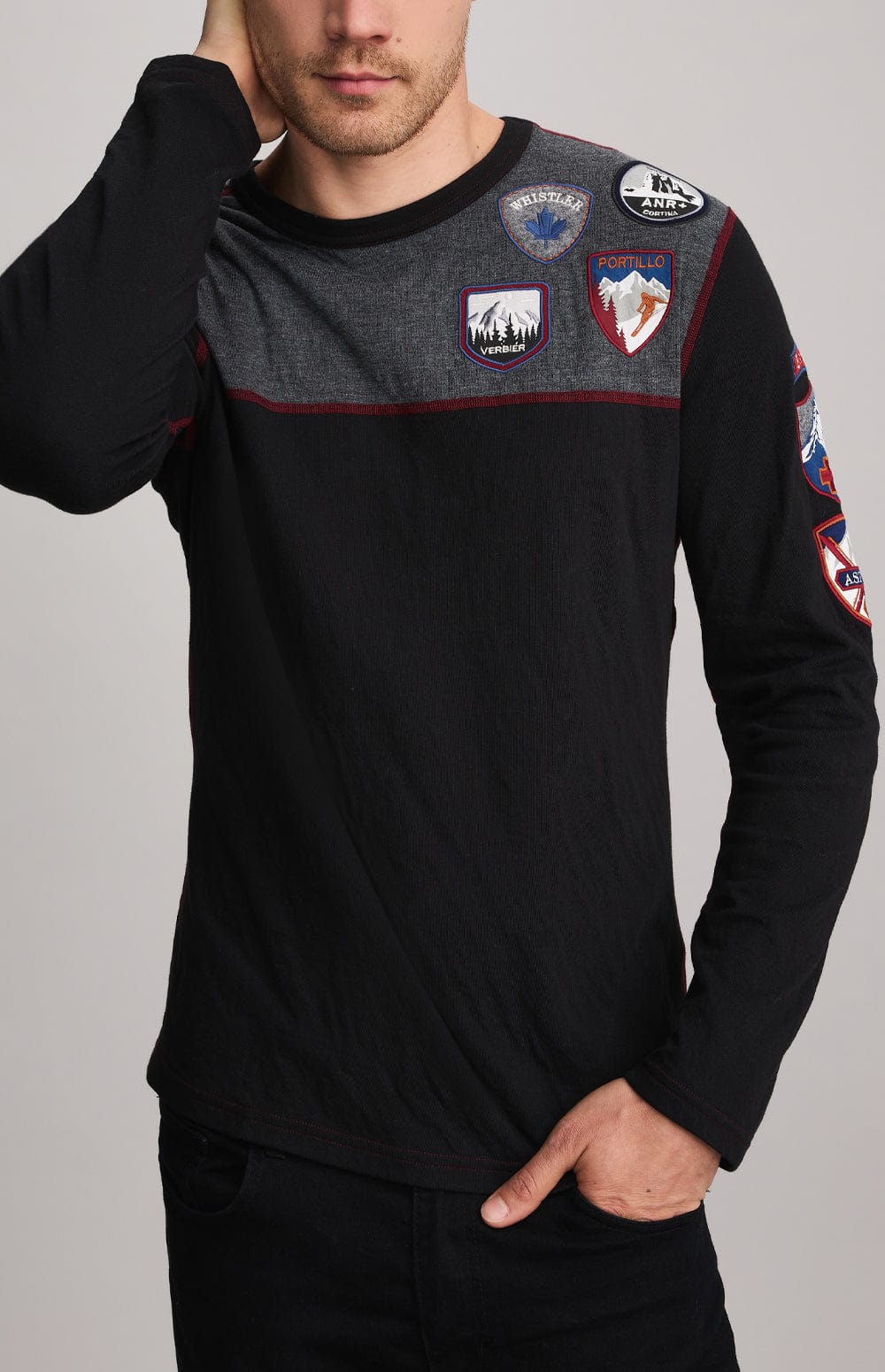 Ski Patch Crew by Alp N Rock, Men's Black and Grey Ski Shirt with European Ski Resort Patches on Chest, Arm, and Back