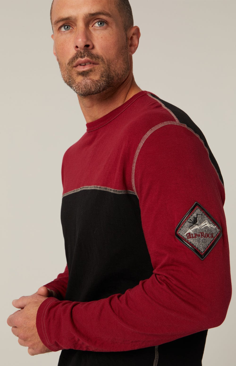 USA Ski Crew by Alp N Rock, Men's Red and Black Ski Henley With Ski Patches On Arm and Back