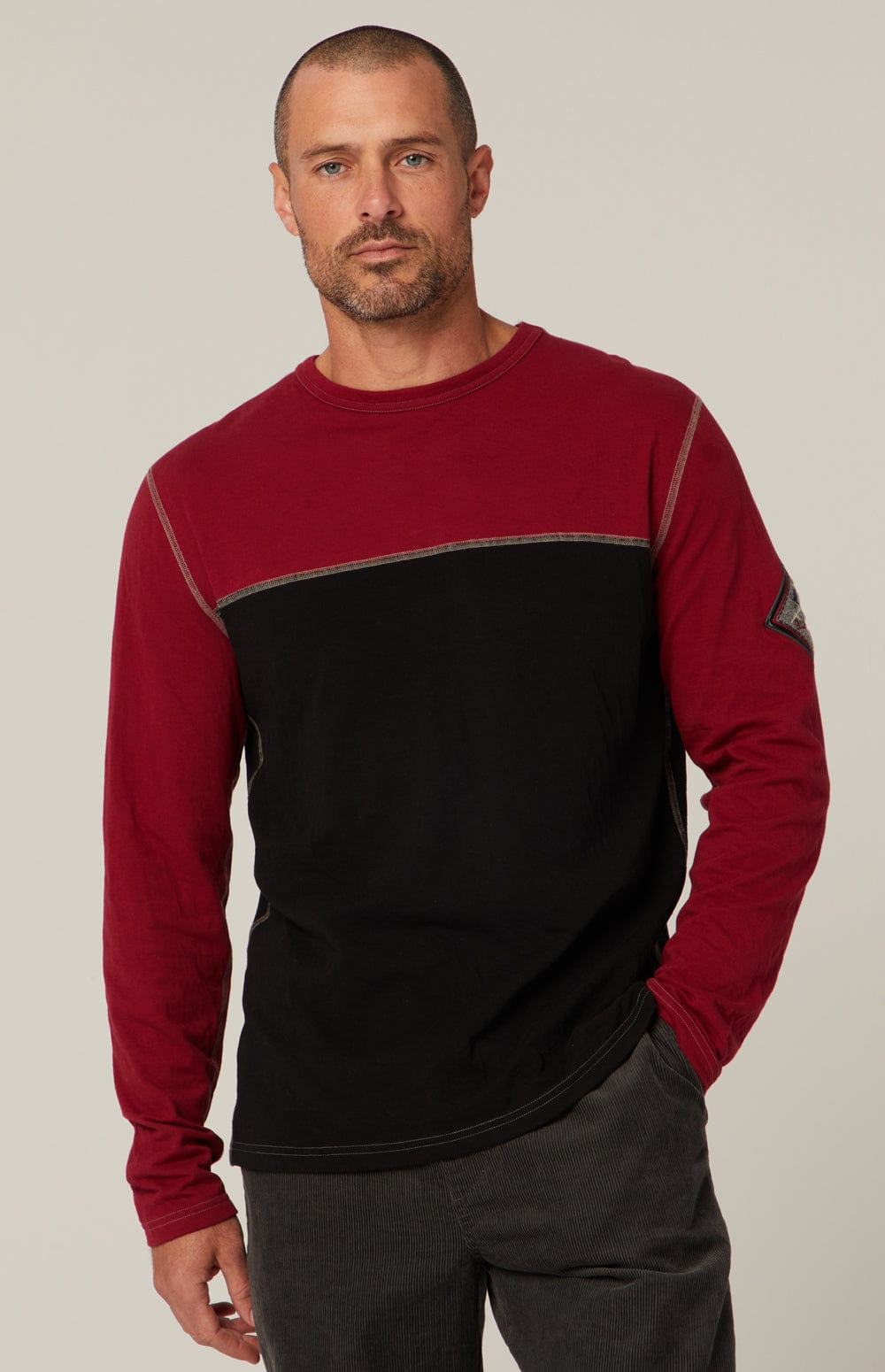 USA Ski Crew by Alp N Rock, Men's Red and Black Ski Henley With Ski Patches On Arm and Back