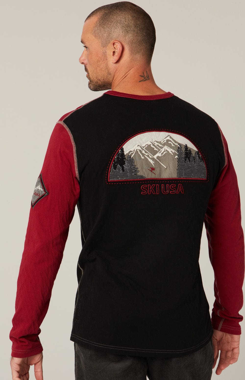 USA Ski Crew by Alp N Rock, Men's Red and Black Ski Henley With Ski Patches On Arm and Back