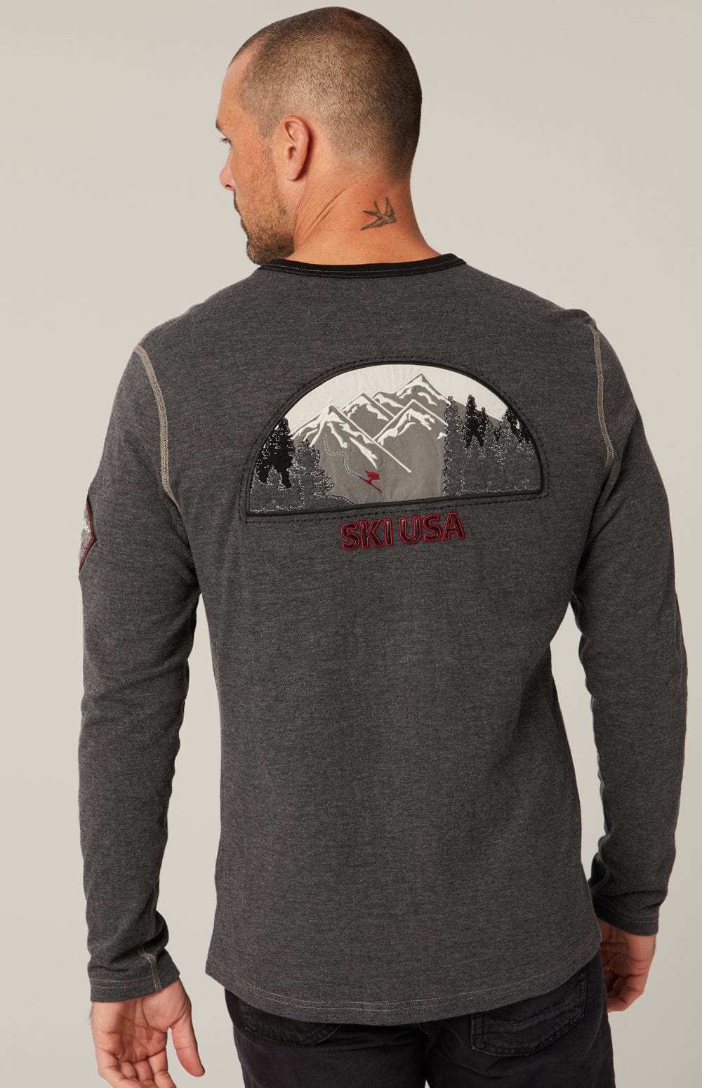 USA Ski Crew by Alp N Rock, Men's Black and Grey Ski Henley With Ski Patches On Arm and Back
