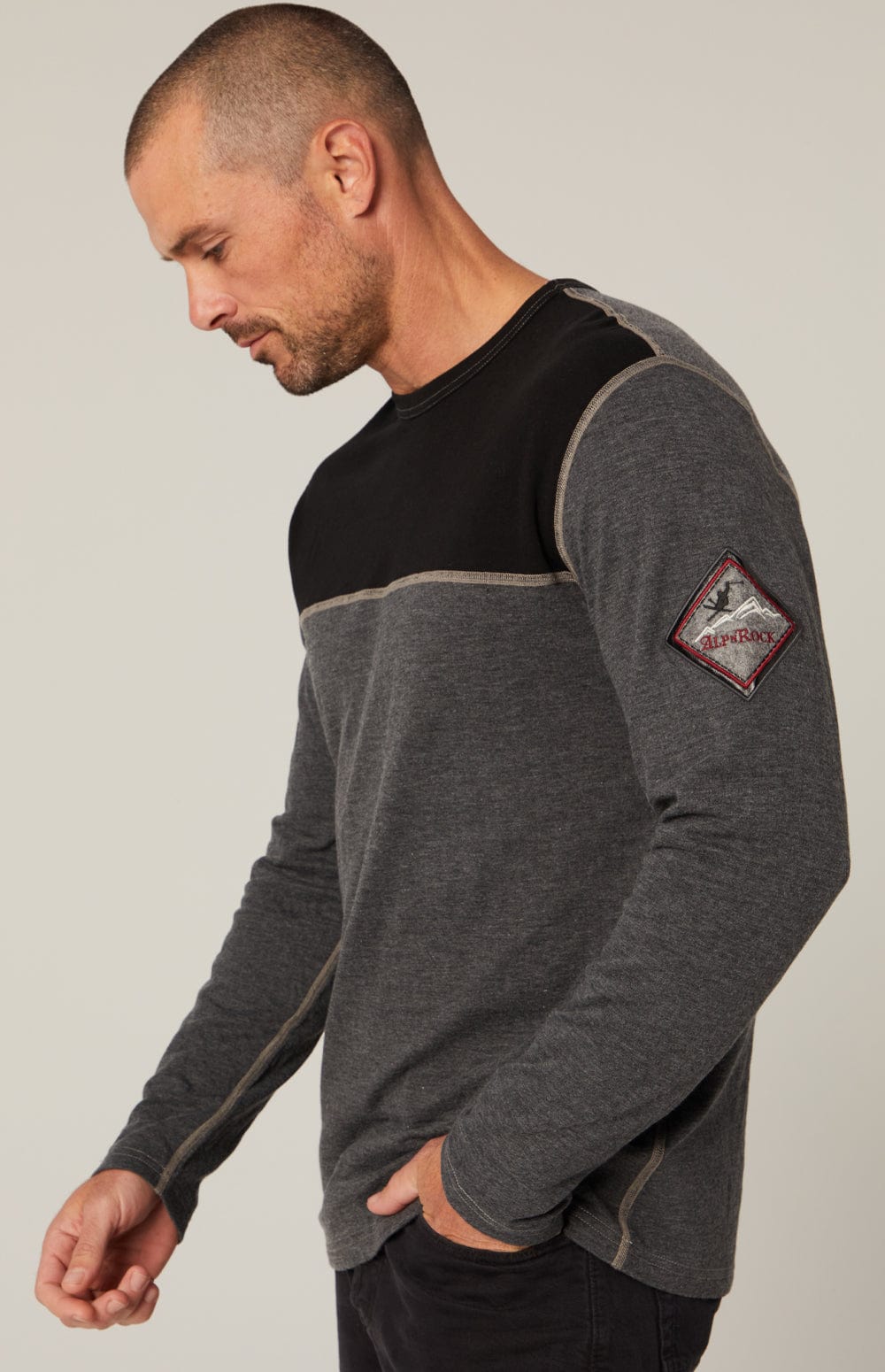 USA Ski Crew by Alp N Rock, Men's Black and Grey Ski Henley With Ski Patches On Arm and Back