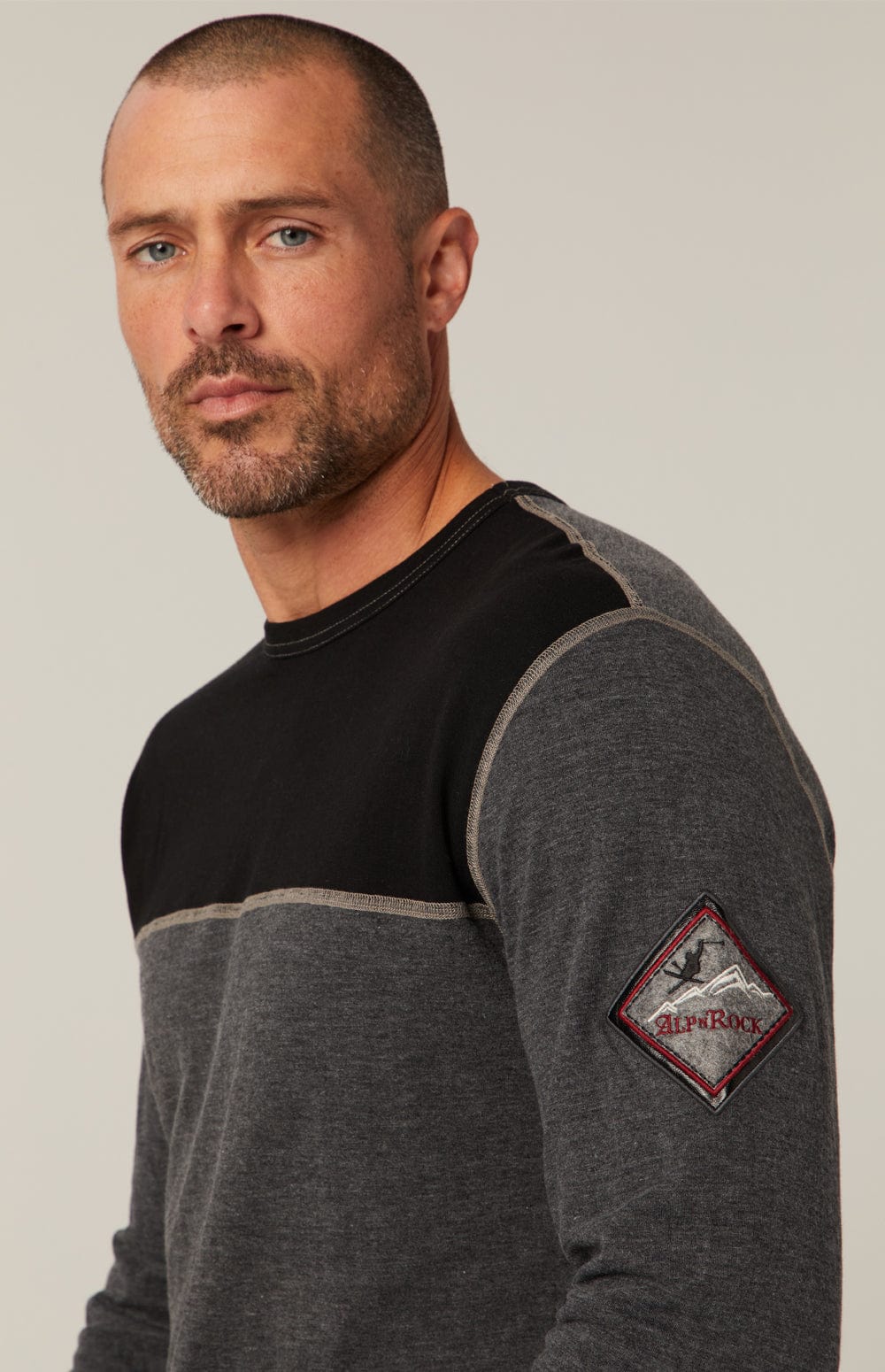 USA Ski Crew by Alp N Rock, Men's Black and Grey Ski Henley With Ski Patches On Arm and Back