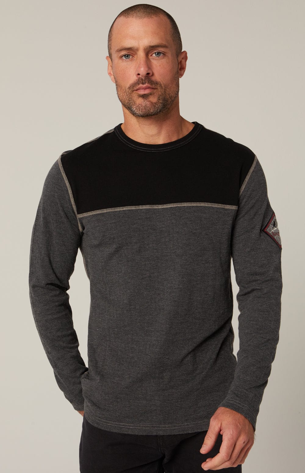 USA Ski Crew by Alp N Rock, Men's Black and Grey Ski Henley With Ski Patches On Arm and Back