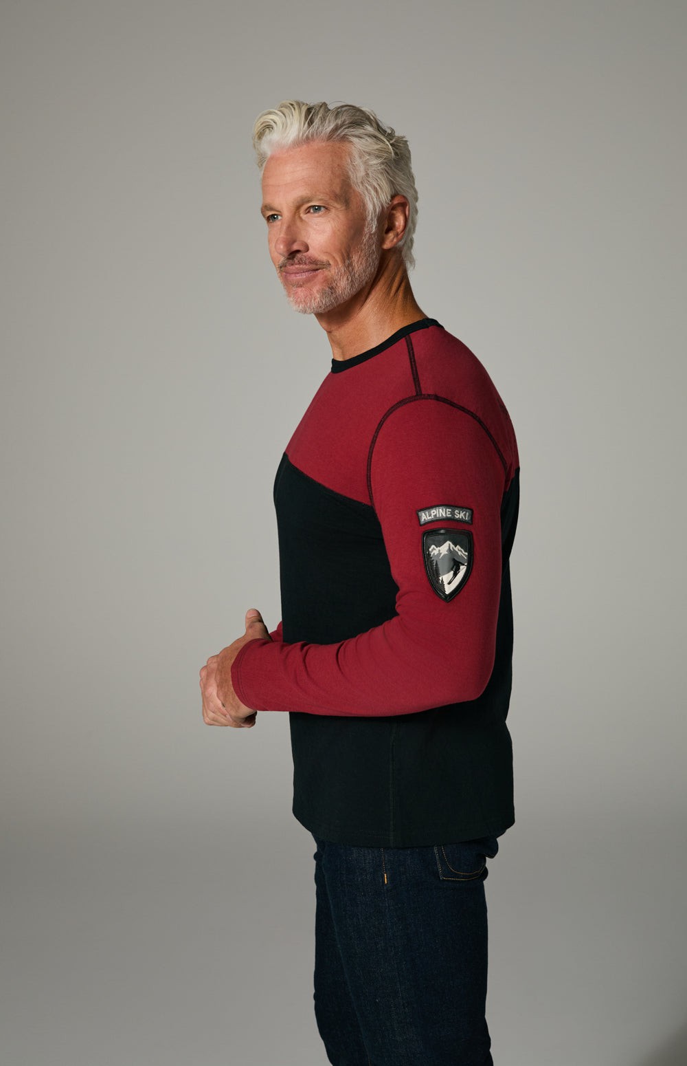 Alp N Rock Arthur Crew, red and black longsleeve shirt for men with embroidered arm patch